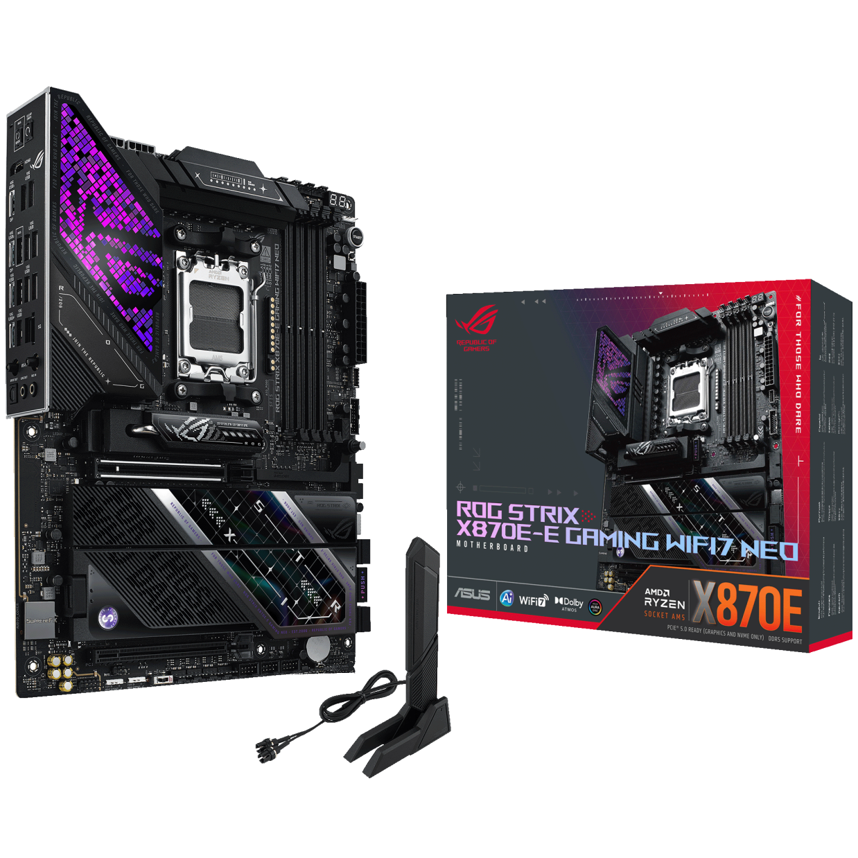 A large main feature product image of ASUS ROG Strix X870E-E Gaming  WiFi7 Neo AM5 ATX Desktop Motherboard