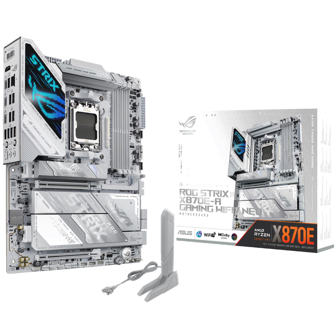 A large main feature product image of ASUS ROG Strix X870E-A Gaming WiFi7 Neo AM5 ATX Desktop Motherboard