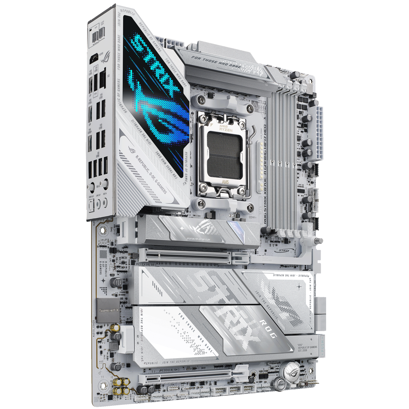 A large main feature product image of ASUS ROG Strix X870E-A Gaming WiFi7 Neo AM5 ATX Desktop Motherboard