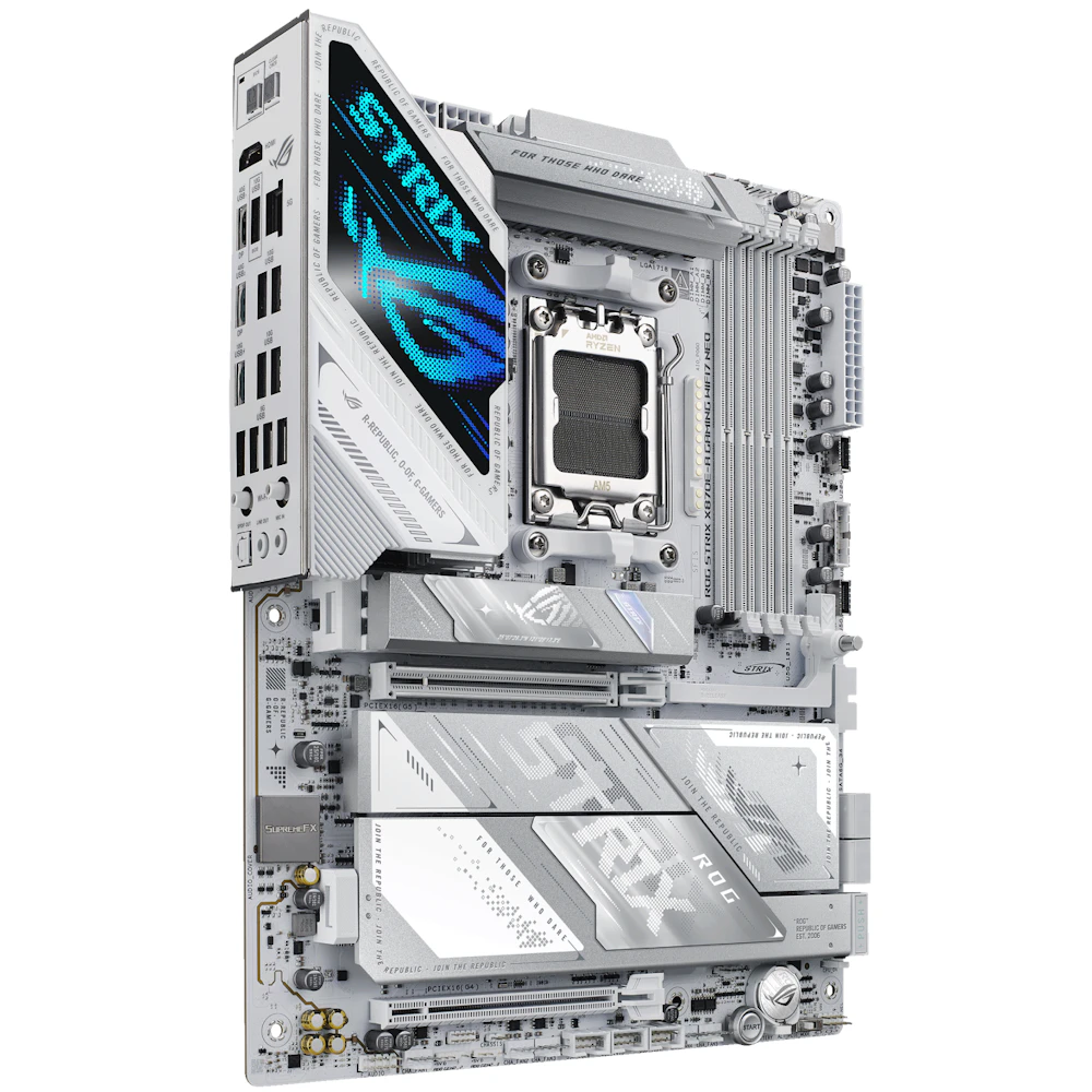 A large main feature product image of ASUS ROG Strix X870E-A Gaming WiFi7 Neo AM5 ATX Desktop Motherboard