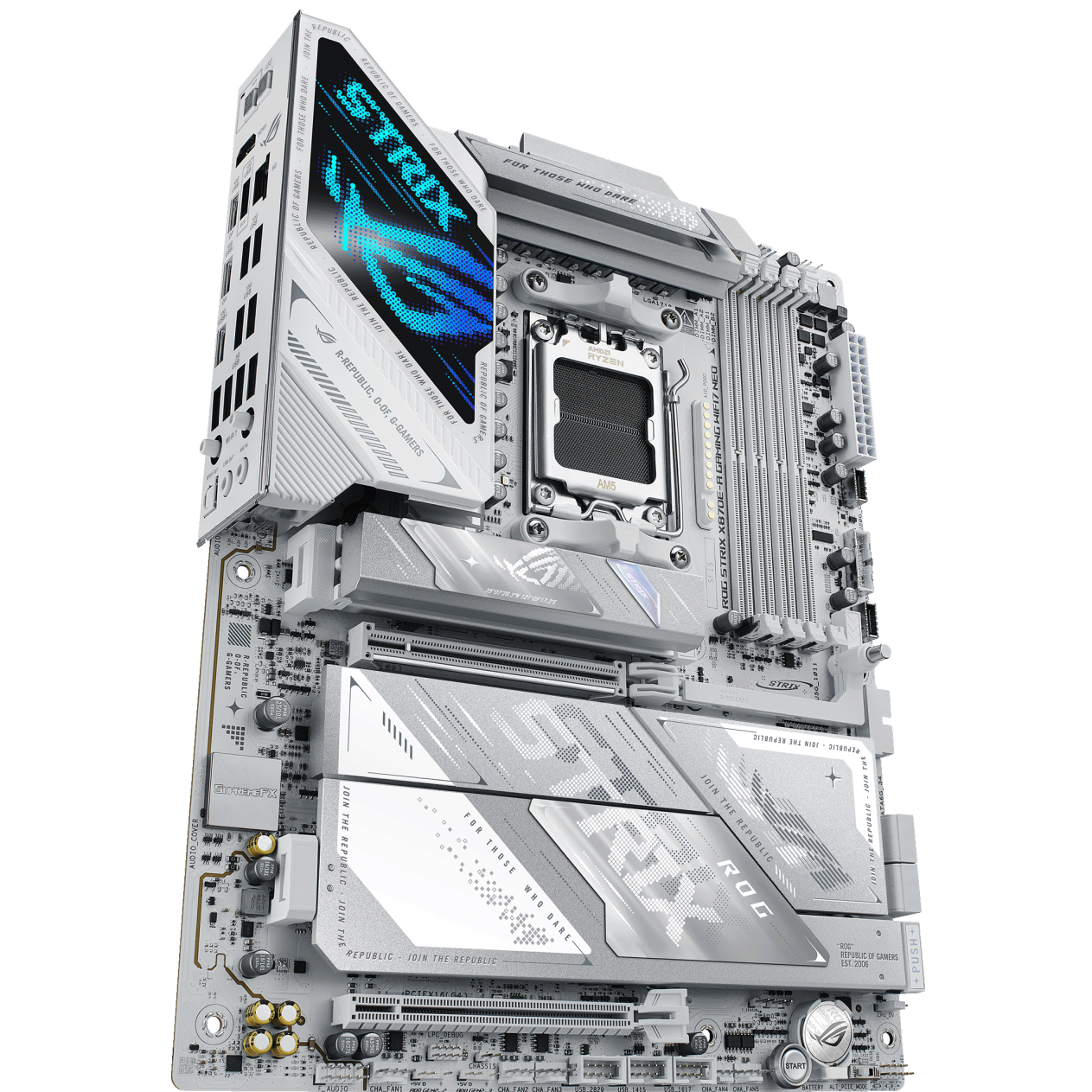 A large main feature product image of ASUS ROG Strix X870E-A Gaming WiFi7 Neo AM5 ATX Desktop Motherboard