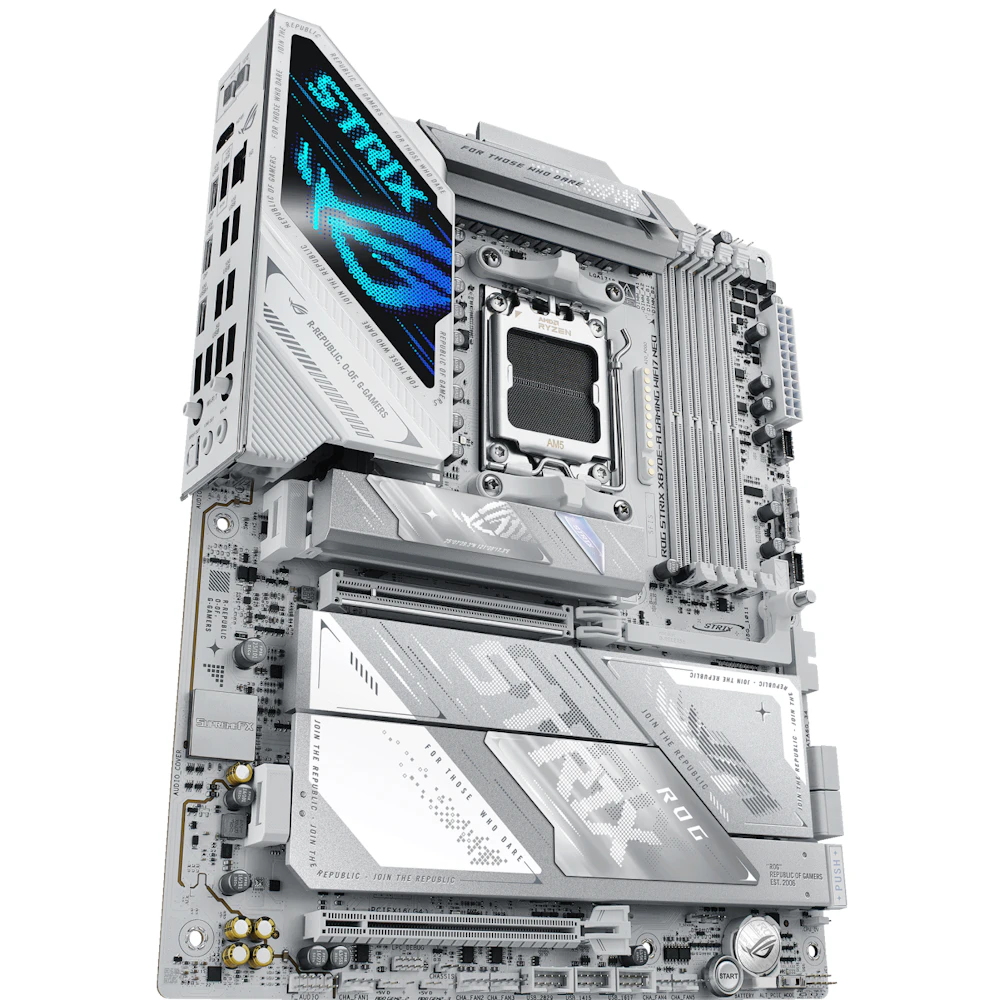 A large main feature product image of ASUS ROG Strix X870E-A Gaming WiFi7 Neo AM5 ATX Desktop Motherboard