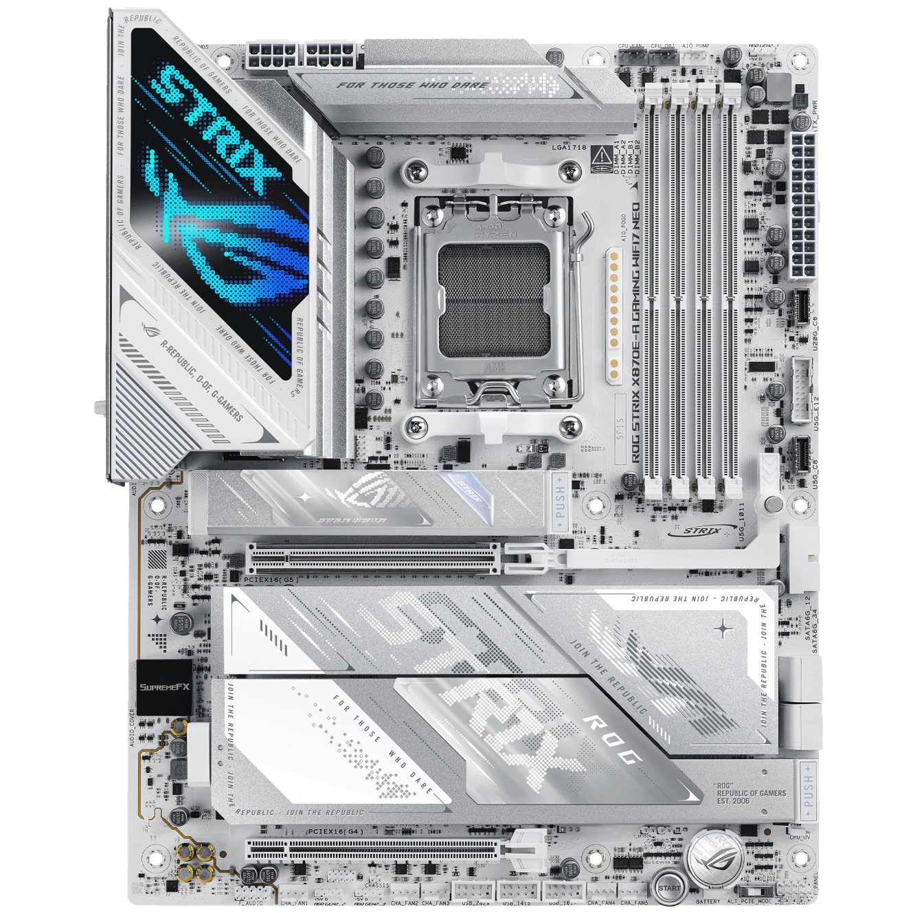 A large main feature product image of ASUS ROG Strix X870E-A Gaming WiFi7 Neo AM5 ATX Desktop Motherboard