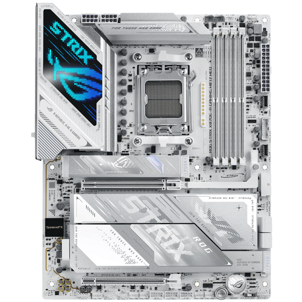 A large main feature product image of ASUS ROG Strix X870E-A Gaming WiFi7 Neo AM5 ATX Desktop Motherboard