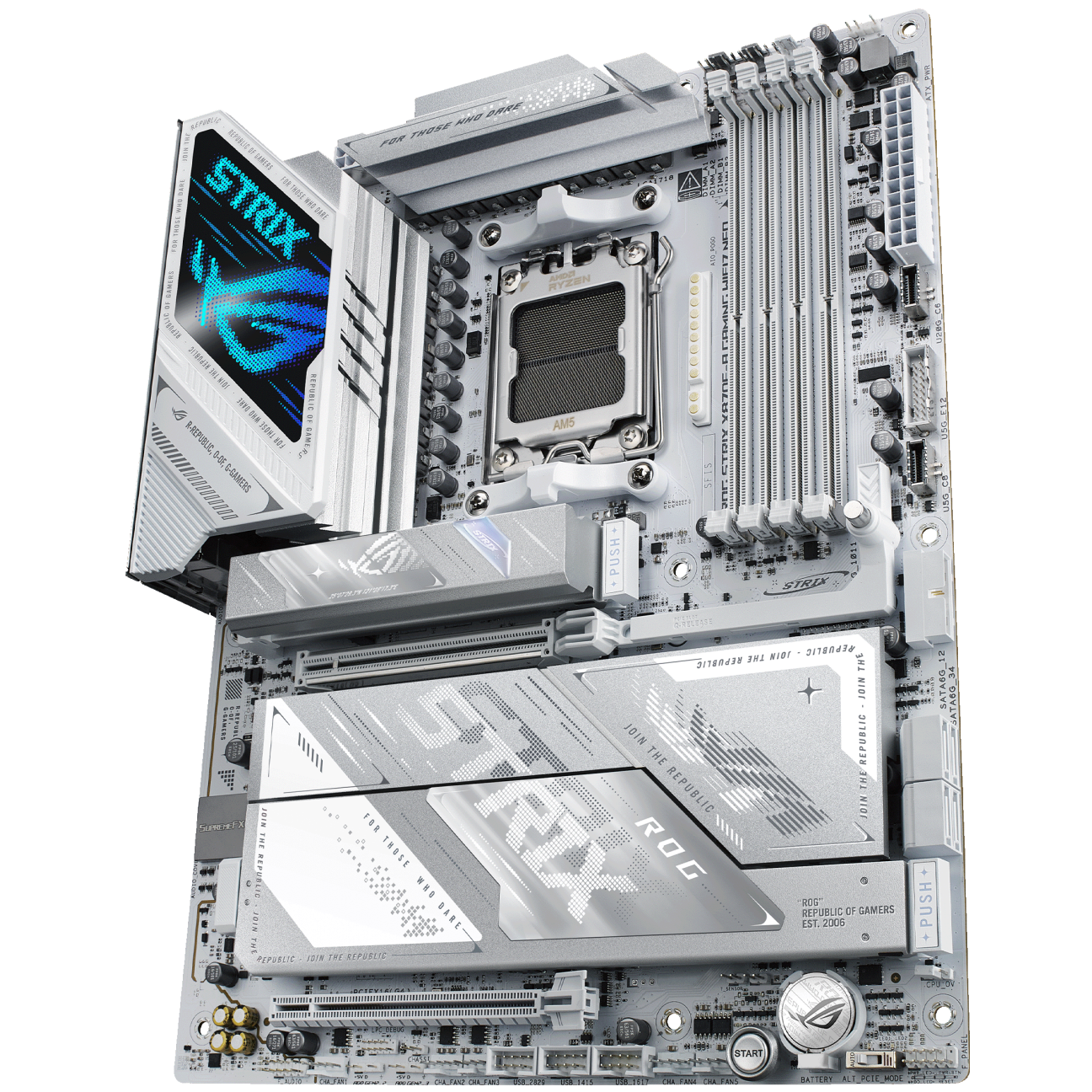 A large main feature product image of ASUS ROG Strix X870E-A Gaming WiFi7 Neo AM5 ATX Desktop Motherboard