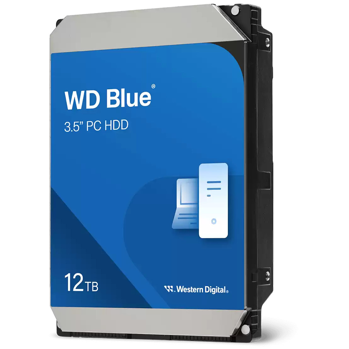 A large main feature product image of WD Blue 3.5" Desktop HDD - 12TB 512MB