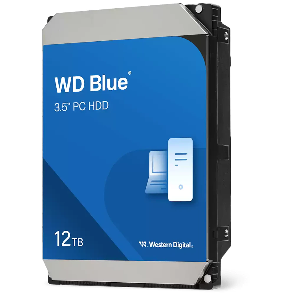 A large main feature product image of WD Blue 3.5" Desktop HDD - 12TB 512MB