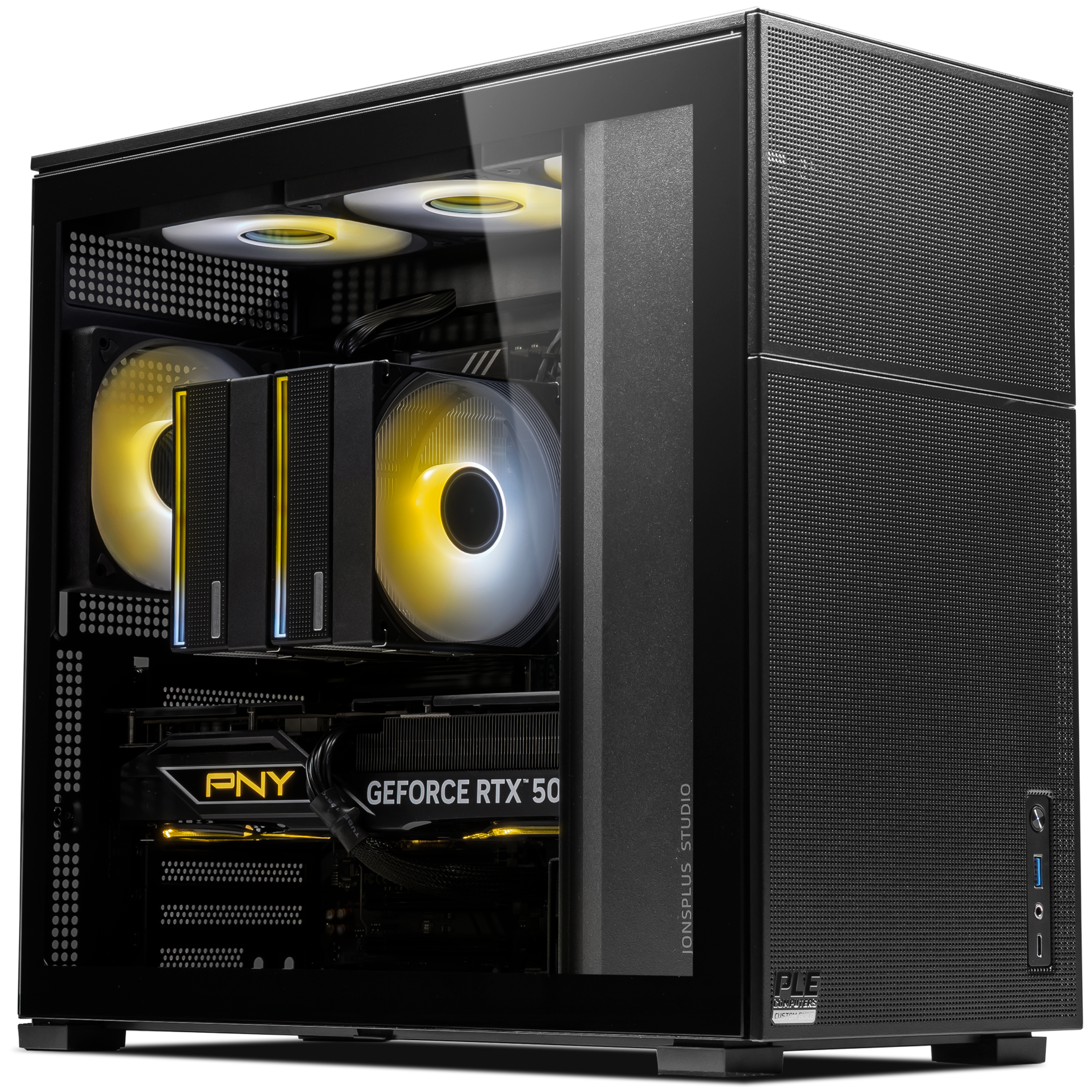 A large main feature product image of PLE Flare RTX 5080 Prebuilt Ready To Go Gaming PC