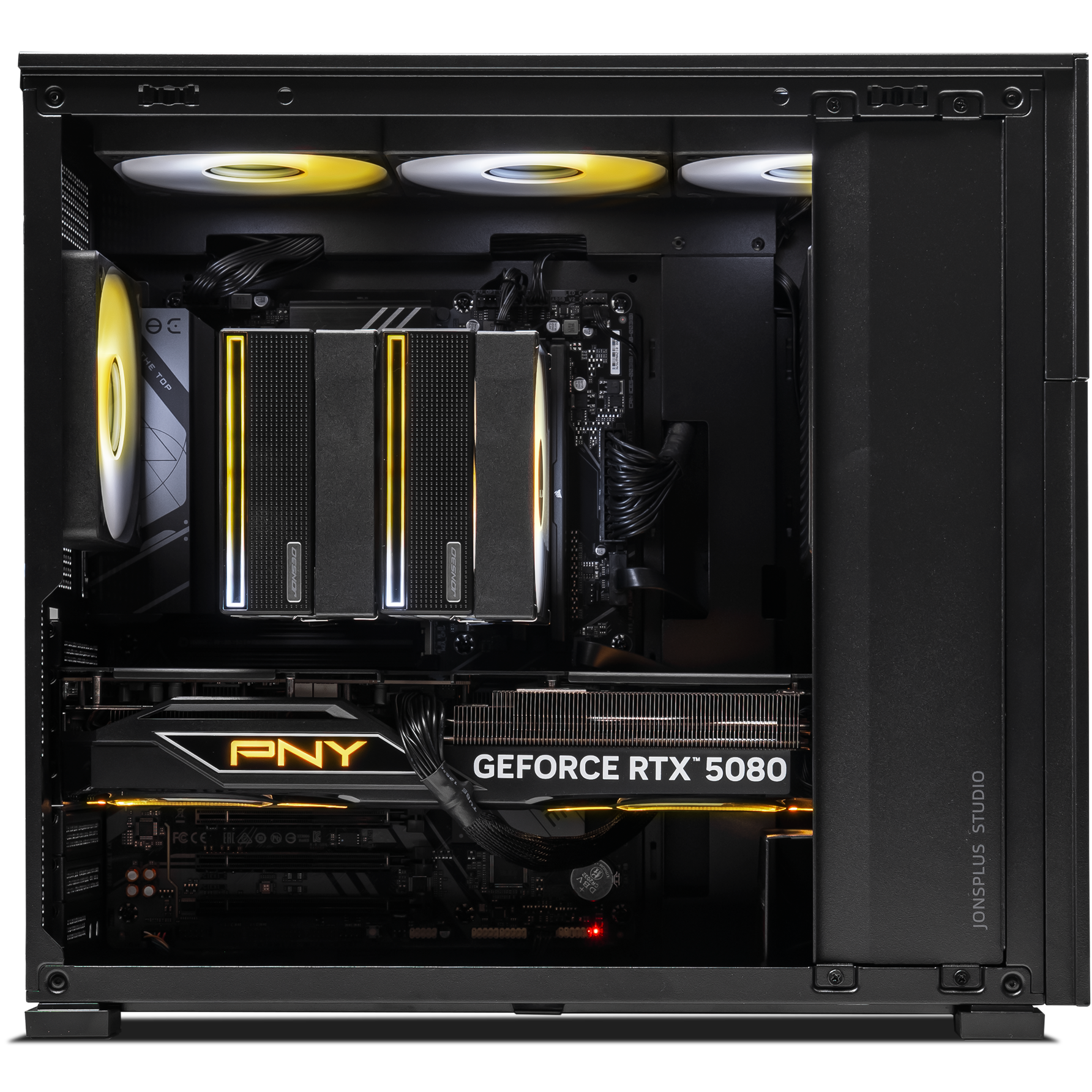 A large main feature product image of PLE Flare RTX 5080 Prebuilt Ready To Go Gaming PC
