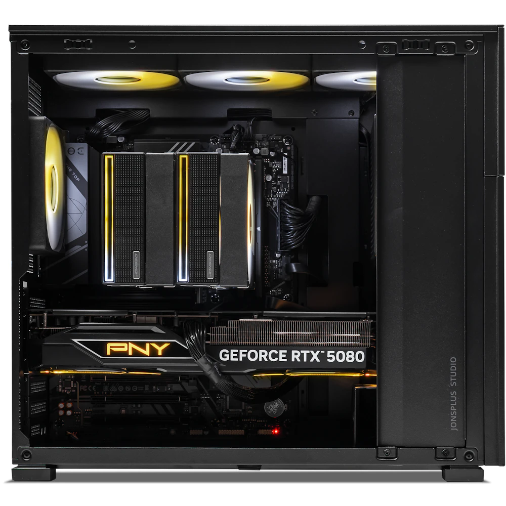 A large main feature product image of PLE Flare RTX 5080 Prebuilt Ready To Go Gaming PC