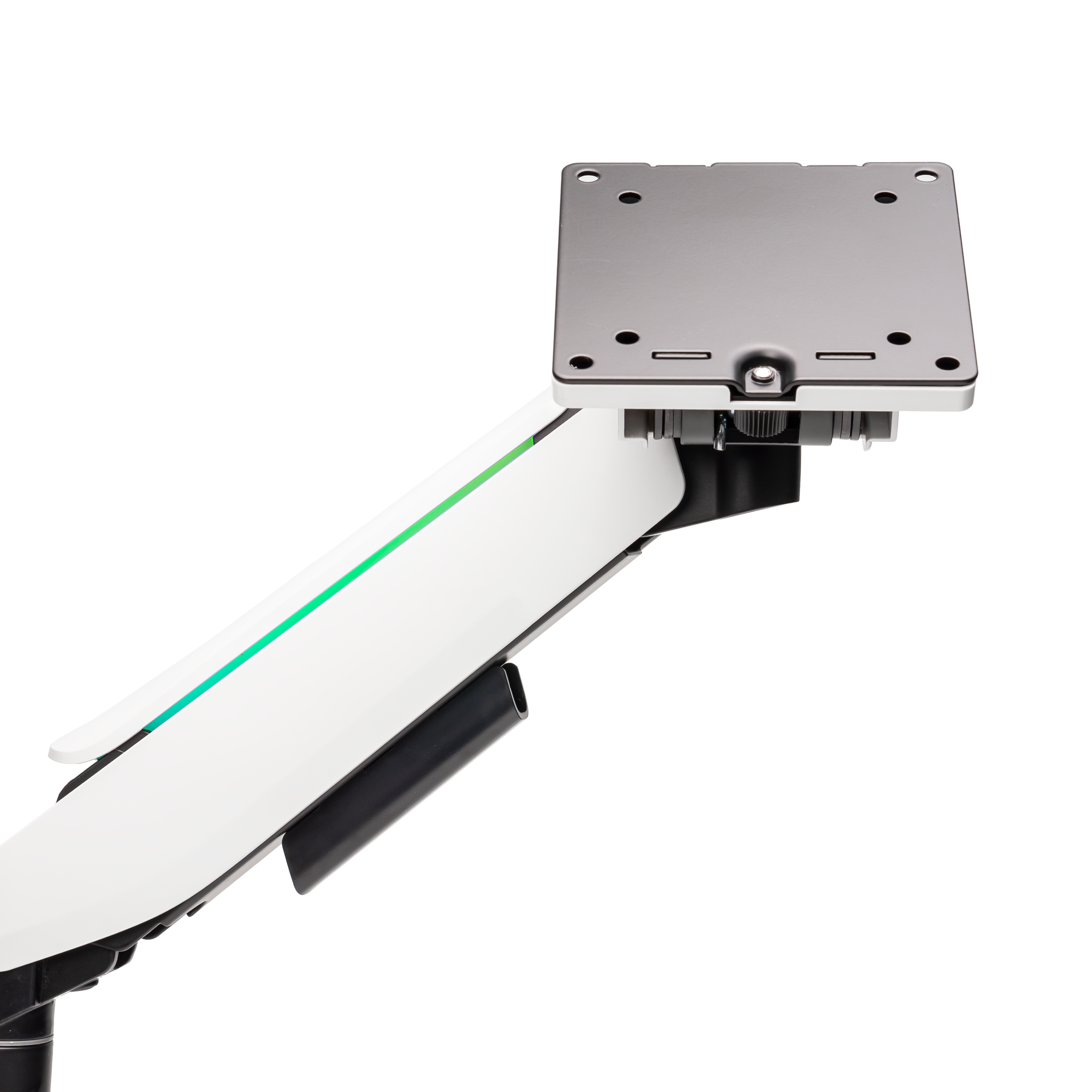 A large main feature product image of EX-DEMO GamerChief Pro Gaming Dual Monitor Arm - Greyish White w/RGB