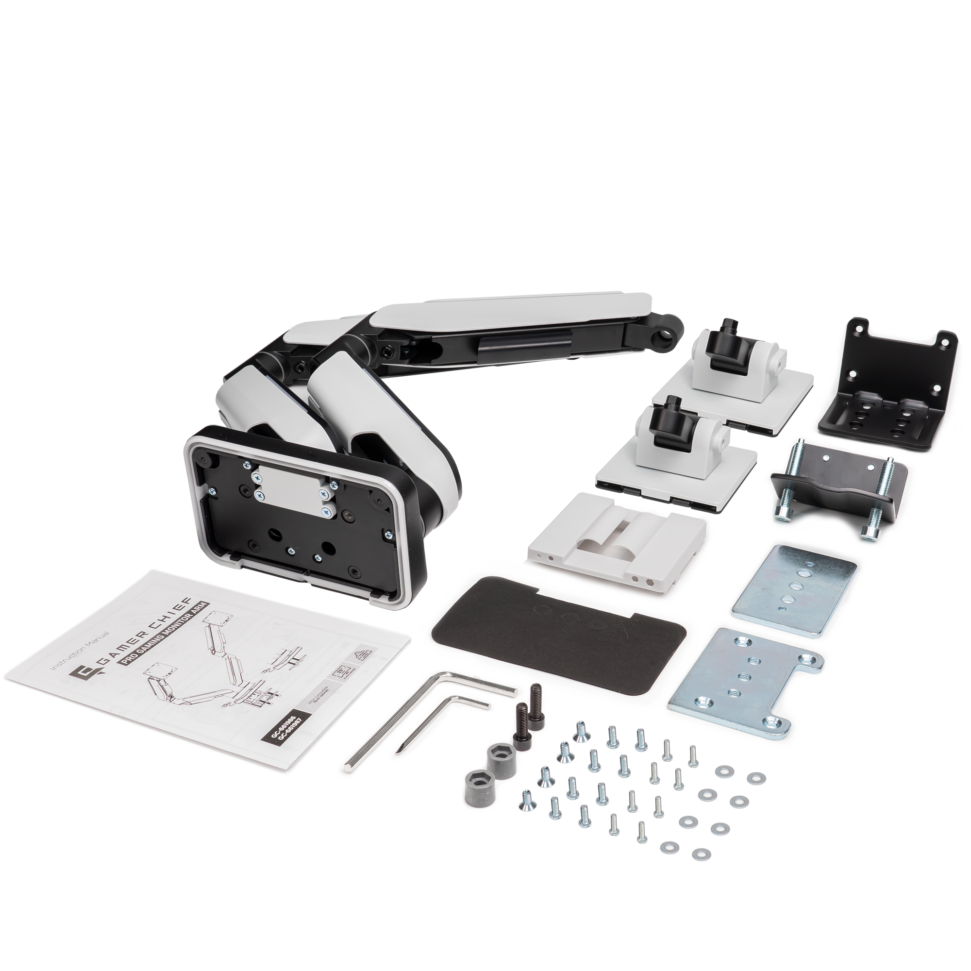 A large main feature product image of EX-DEMO GamerChief Pro Gaming Dual Monitor Arm - Greyish White w/RGB