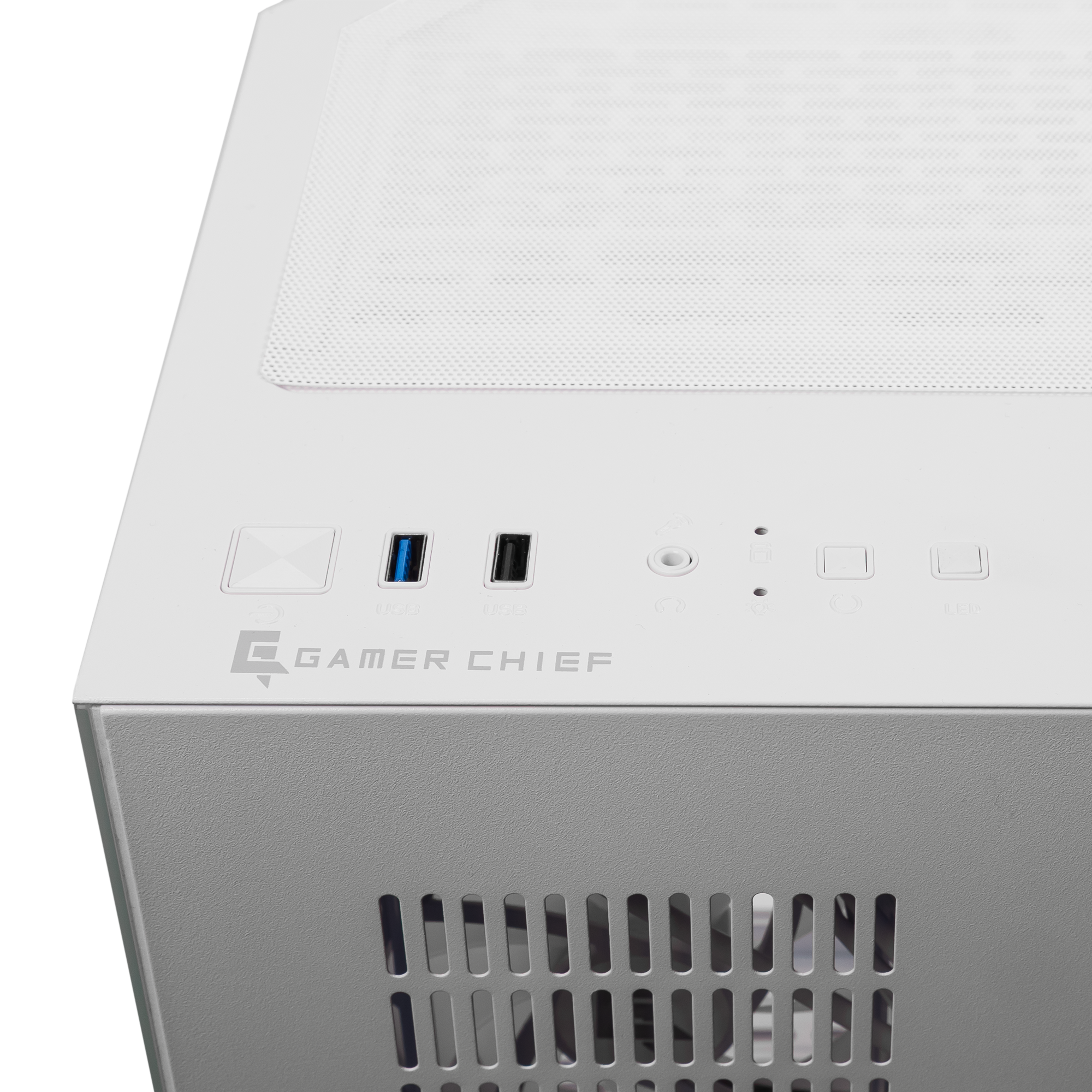 A large main feature product image of EX-DEMO GamerChief GlassView GV10 - White