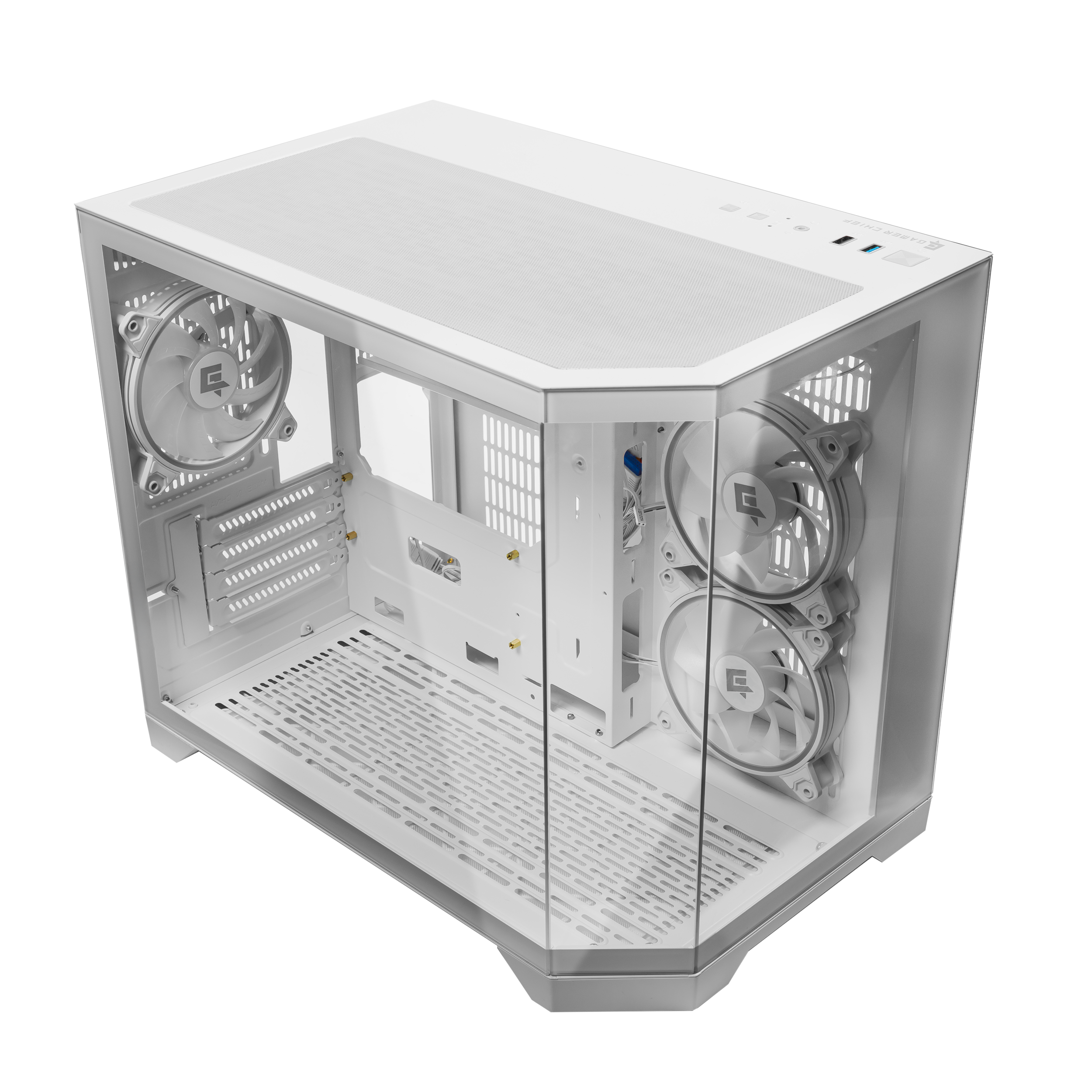 A large main feature product image of EX-DEMO GamerChief GlassView GV10 - White