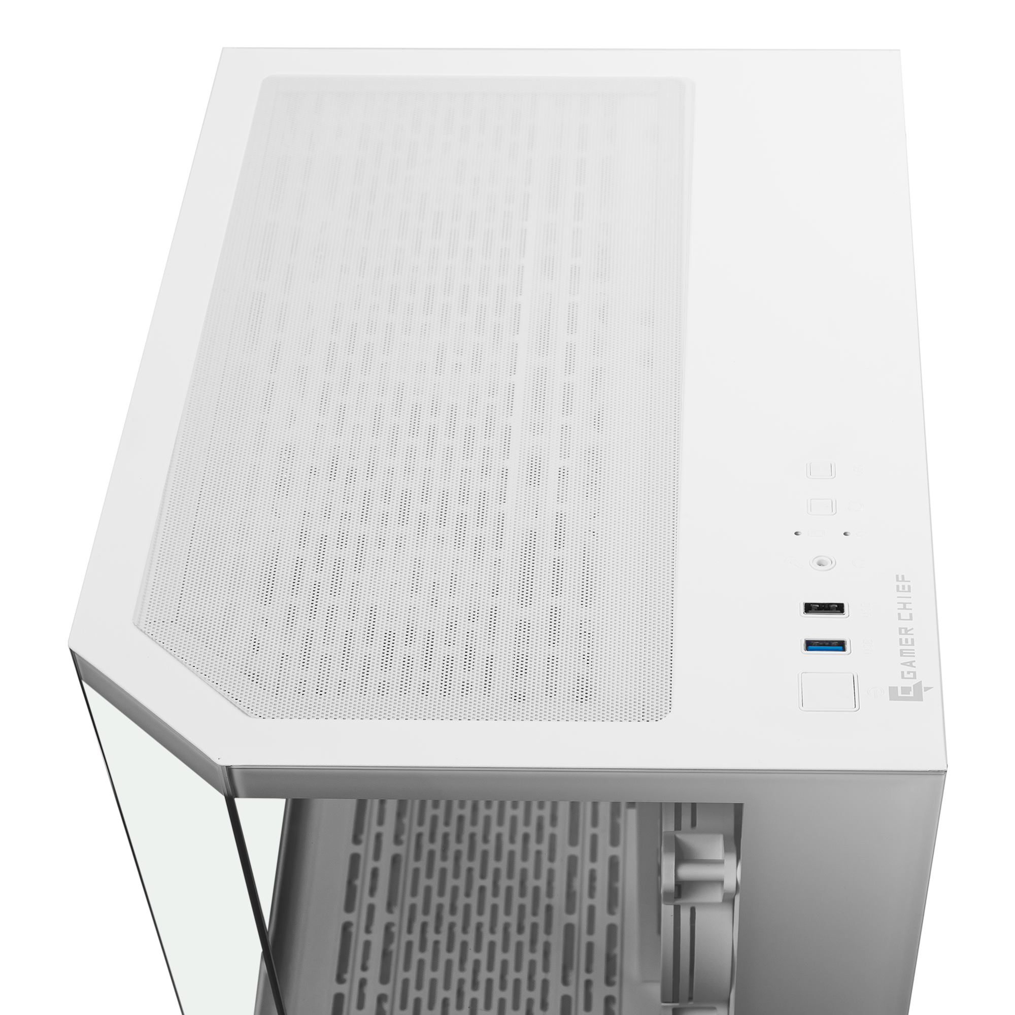 A large main feature product image of EX-DEMO GamerChief GlassView GV10 - White