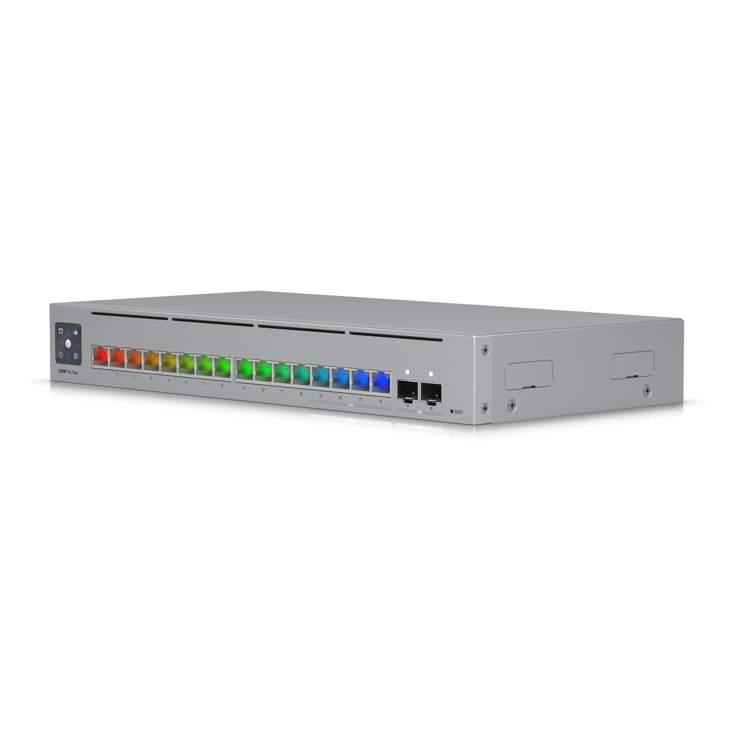 A large main feature product image of Ubiquiti UniFi Pro Max 16-Port 2.5GbE Layer 3 Managed Switch with Etherlighting