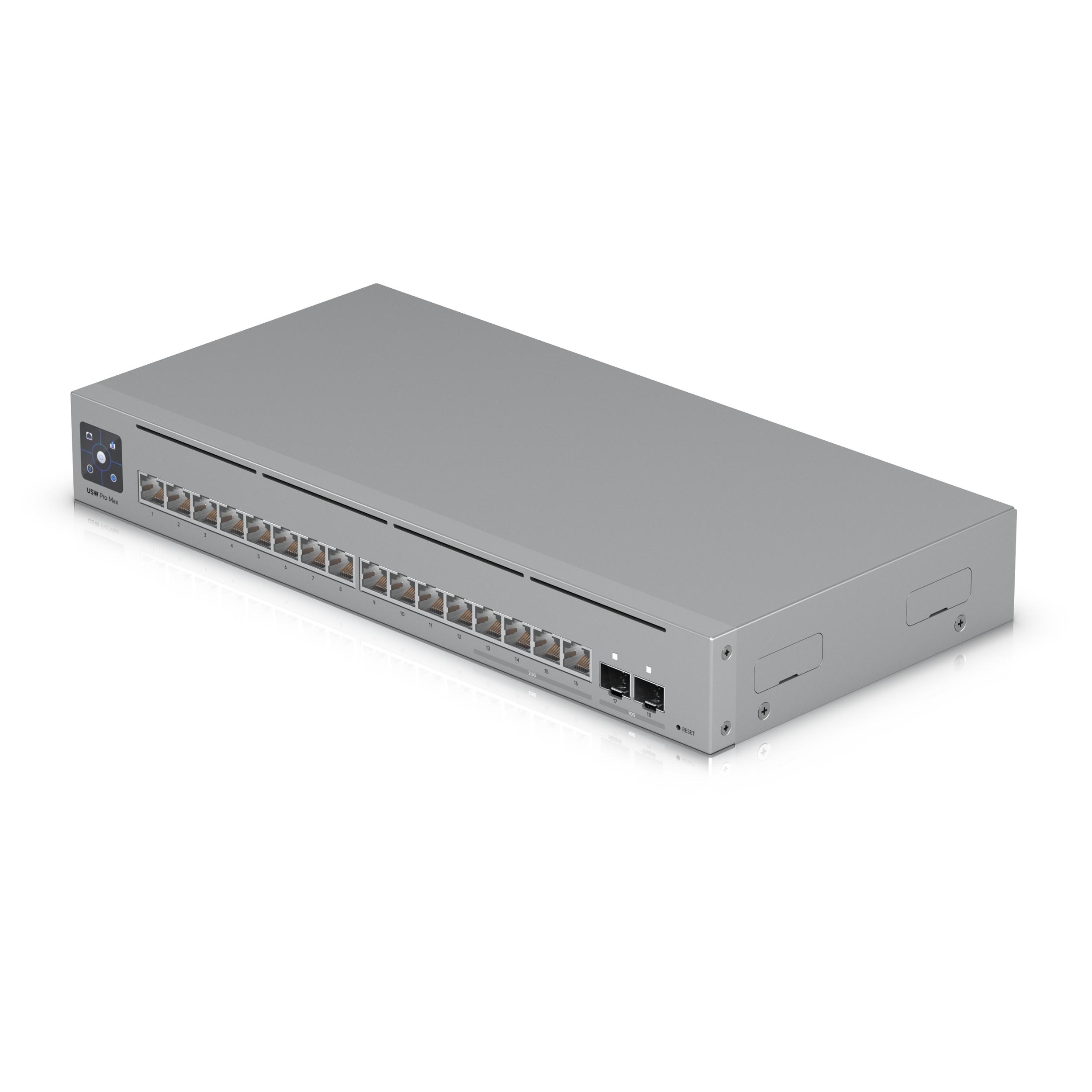 A large main feature product image of Ubiquiti UniFi Pro Max 16-Port 2.5GbE Layer 3 Managed Switch with Etherlighting