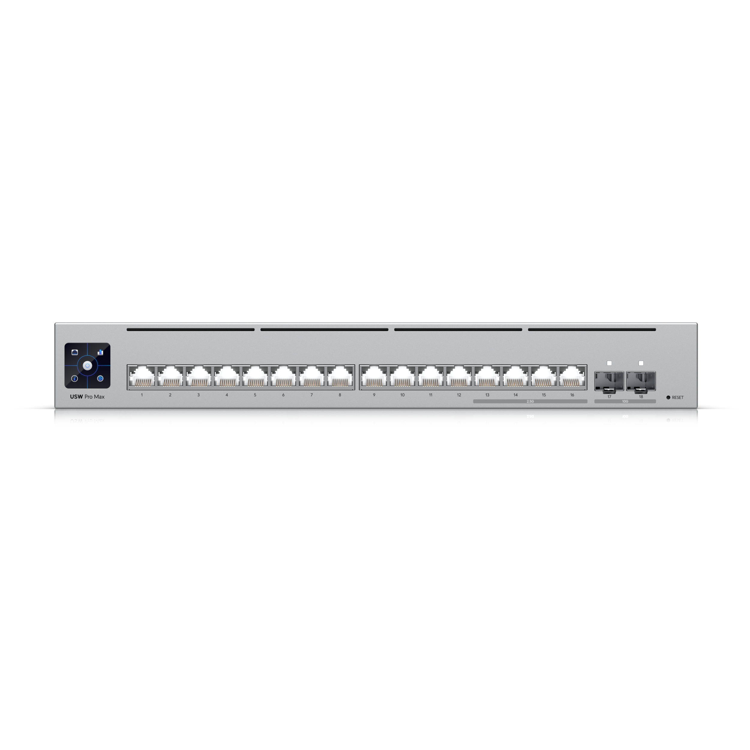 A large main feature product image of Ubiquiti UniFi Pro Max 16-Port 2.5GbE Layer 3 Managed Switch with Etherlighting