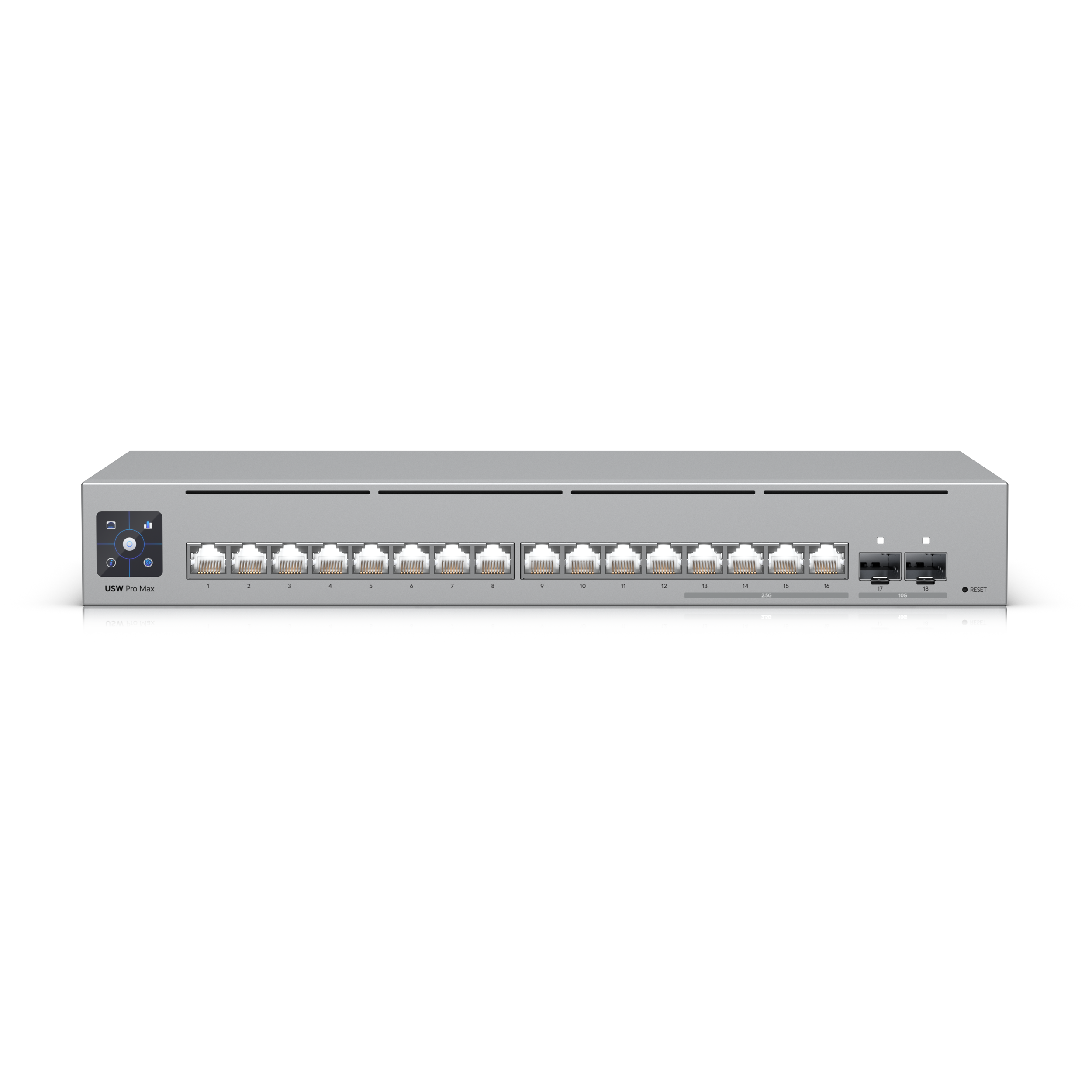 A large main feature product image of Ubiquiti UniFi Pro Max 16-Port 2.5GbE Layer 3 Managed Switch with Etherlighting