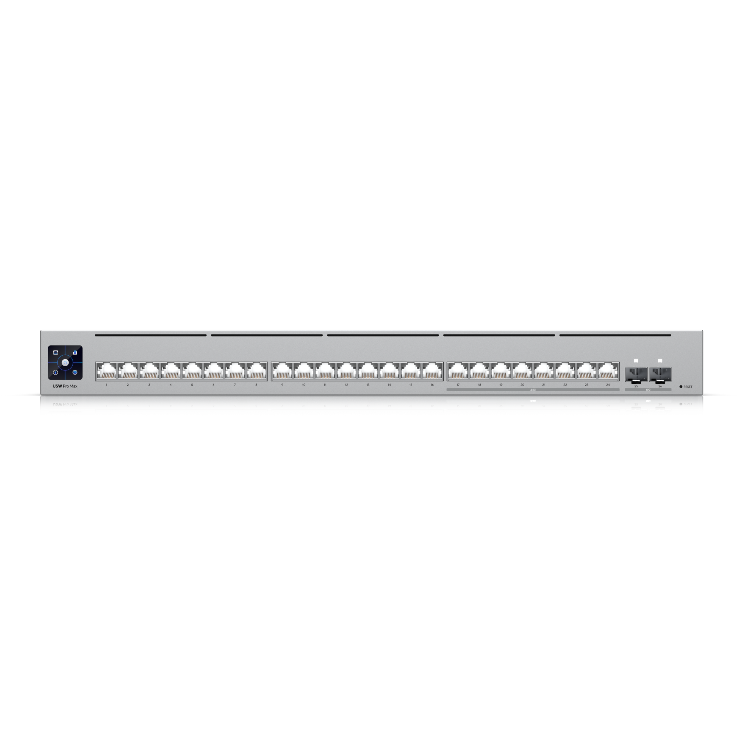 A large main feature product image of Ubiquiti UniFi Pro Max 24-Port 2.5GbE Layer 3 Managed Switch with Etherlighting