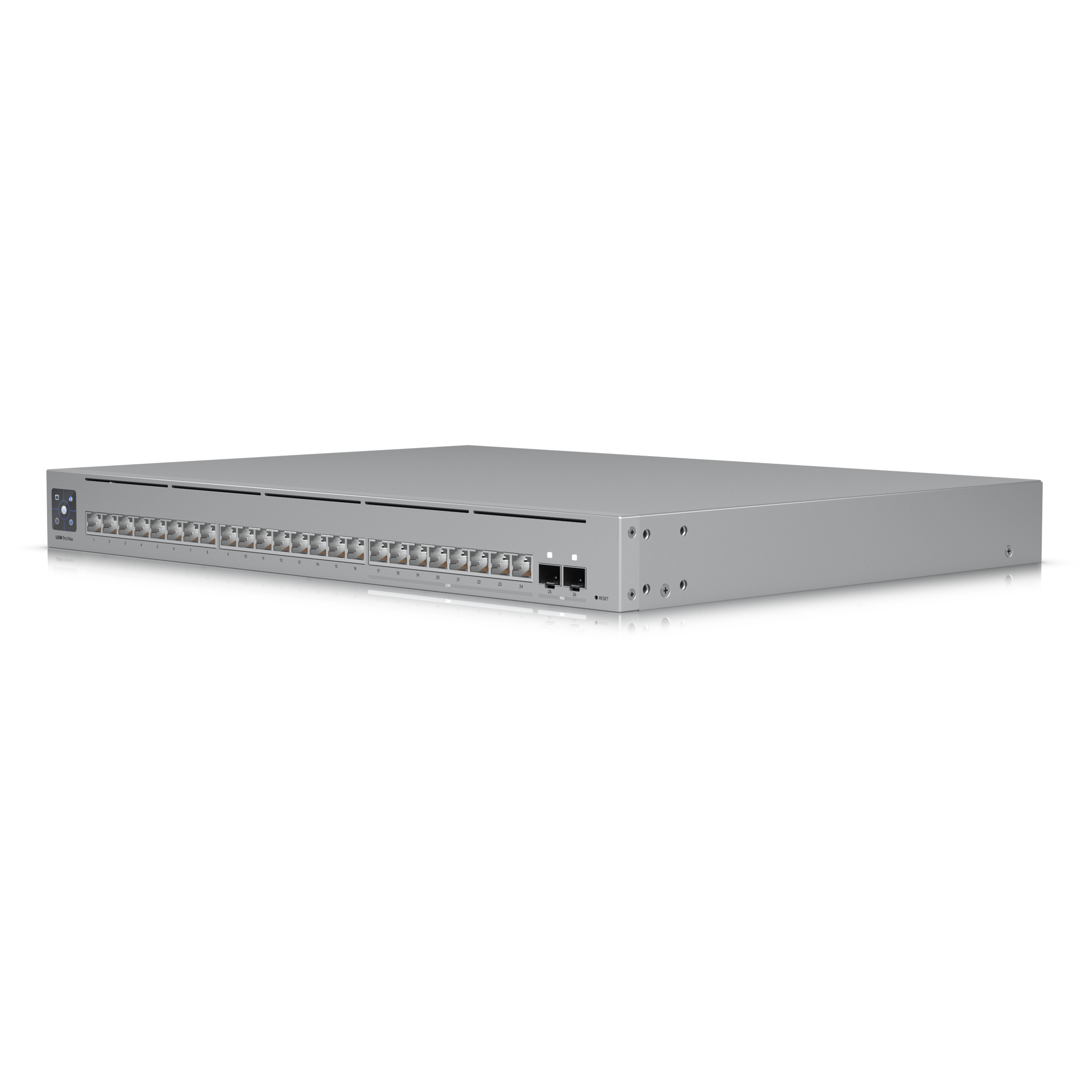 A large main feature product image of Ubiquiti UniFi Pro Max 24-Port 2.5GbE Layer 3 Managed Switch with Etherlighting