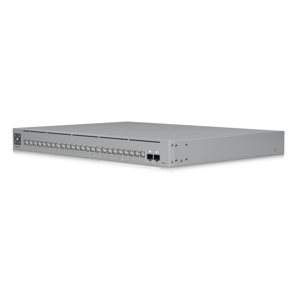 A large main feature product image of Ubiquiti UniFi Pro Max 24-Port 2.5GbE Layer 3 Managed Switch with Etherlighting
