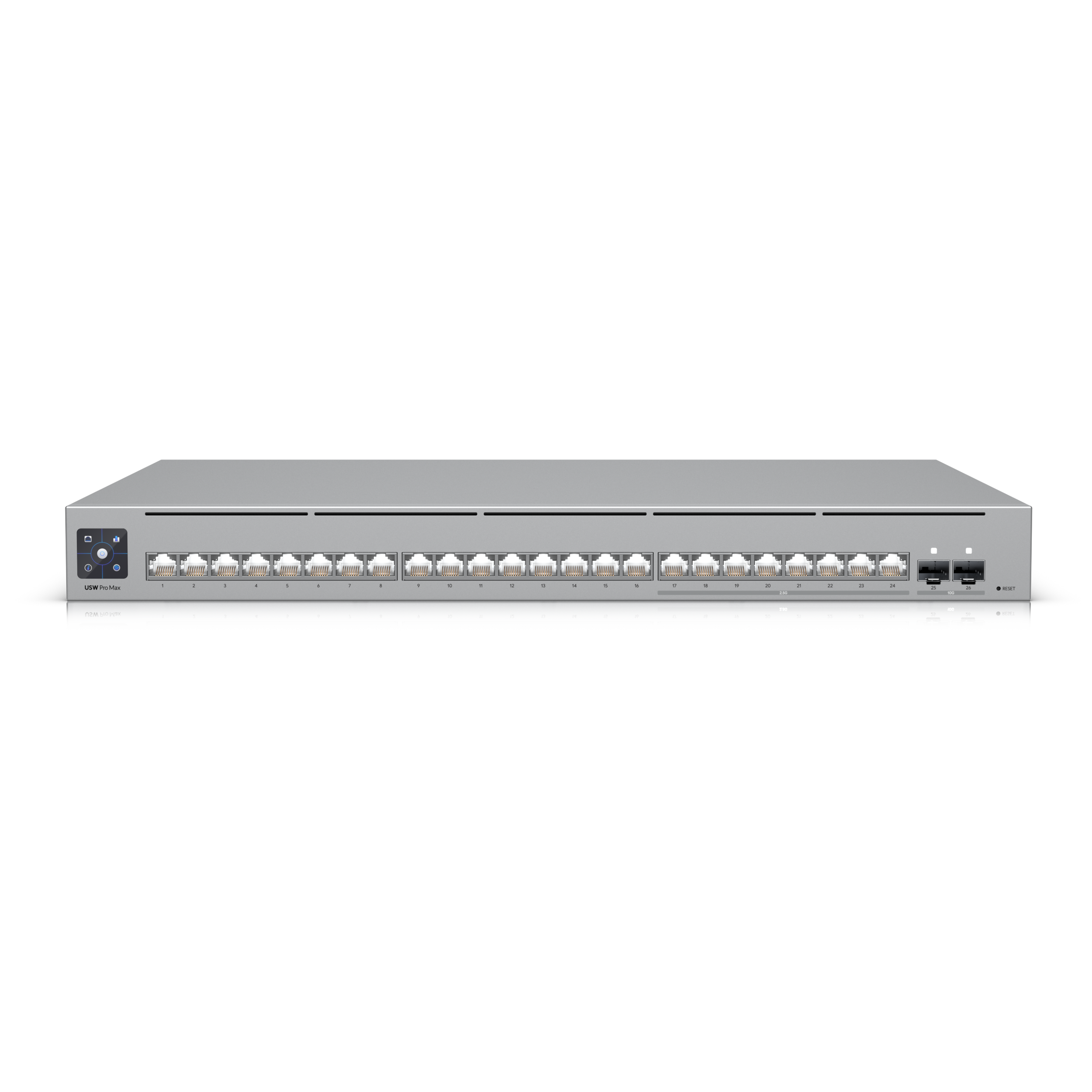 A large main feature product image of Ubiquiti UniFi Pro Max 24-Port 2.5GbE Layer 3 Managed Switch with Etherlighting