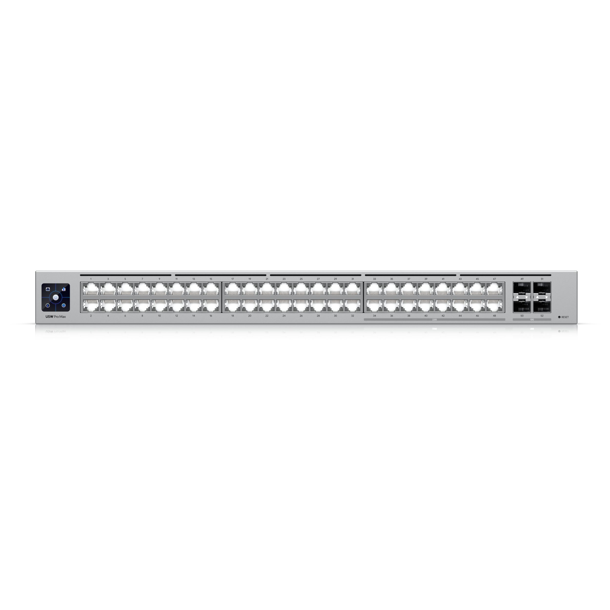 A large main feature product image of Ubiquiti UniFi Pro Max 48-Port 2.5GbE Layer 3 Managed Switch with Etherlighting