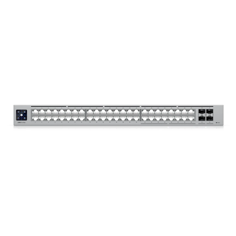 A large main feature product image of Ubiquiti UniFi Pro Max 48-Port 2.5GbE Layer 3 Managed Switch with Etherlighting