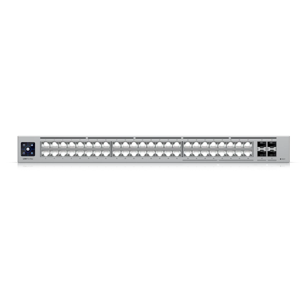 A large main feature product image of Ubiquiti UniFi Pro Max 48-Port 2.5GbE Layer 3 Managed Switch with Etherlighting