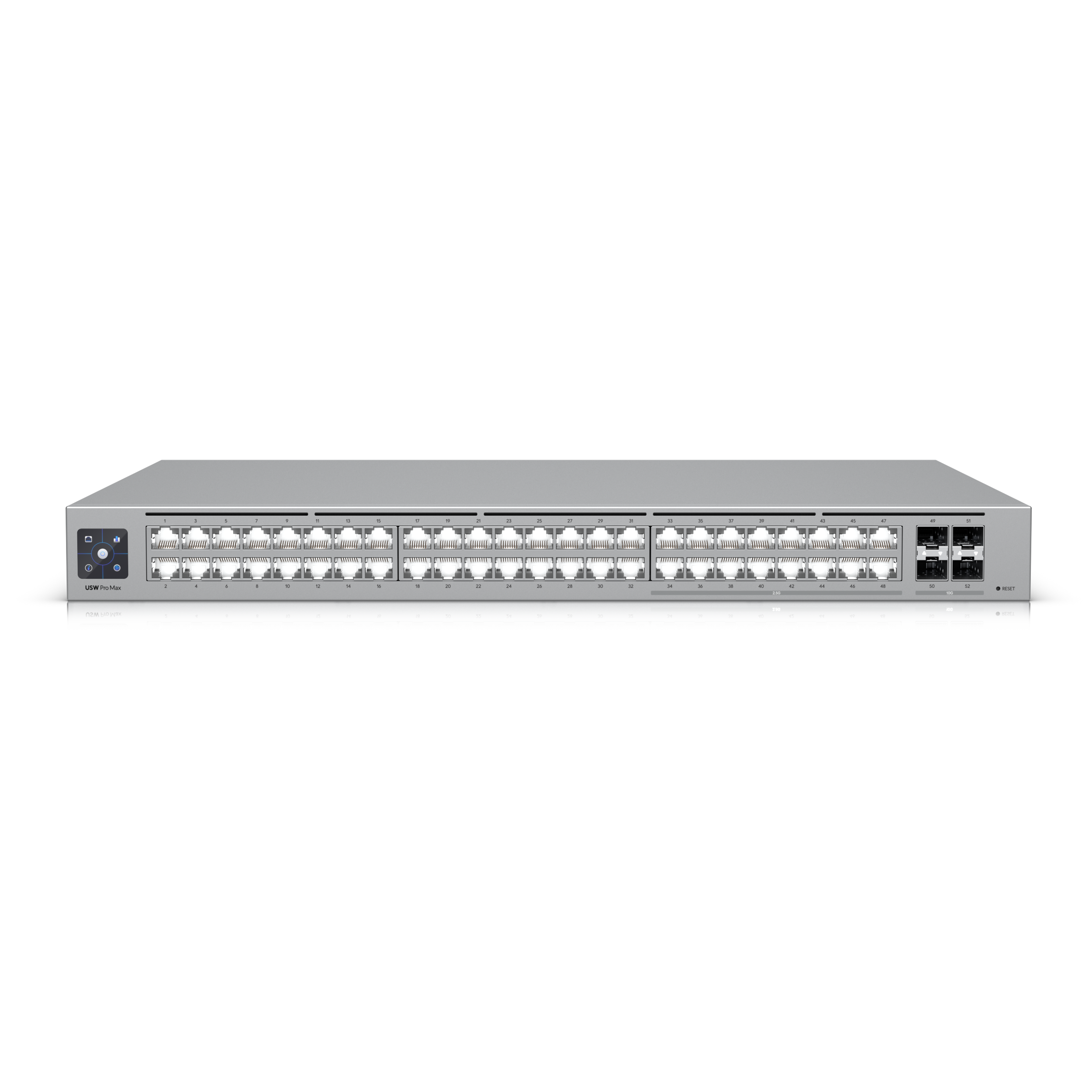 A large main feature product image of Ubiquiti UniFi Pro Max 48-Port 2.5GbE Layer 3 Managed Switch with Etherlighting
