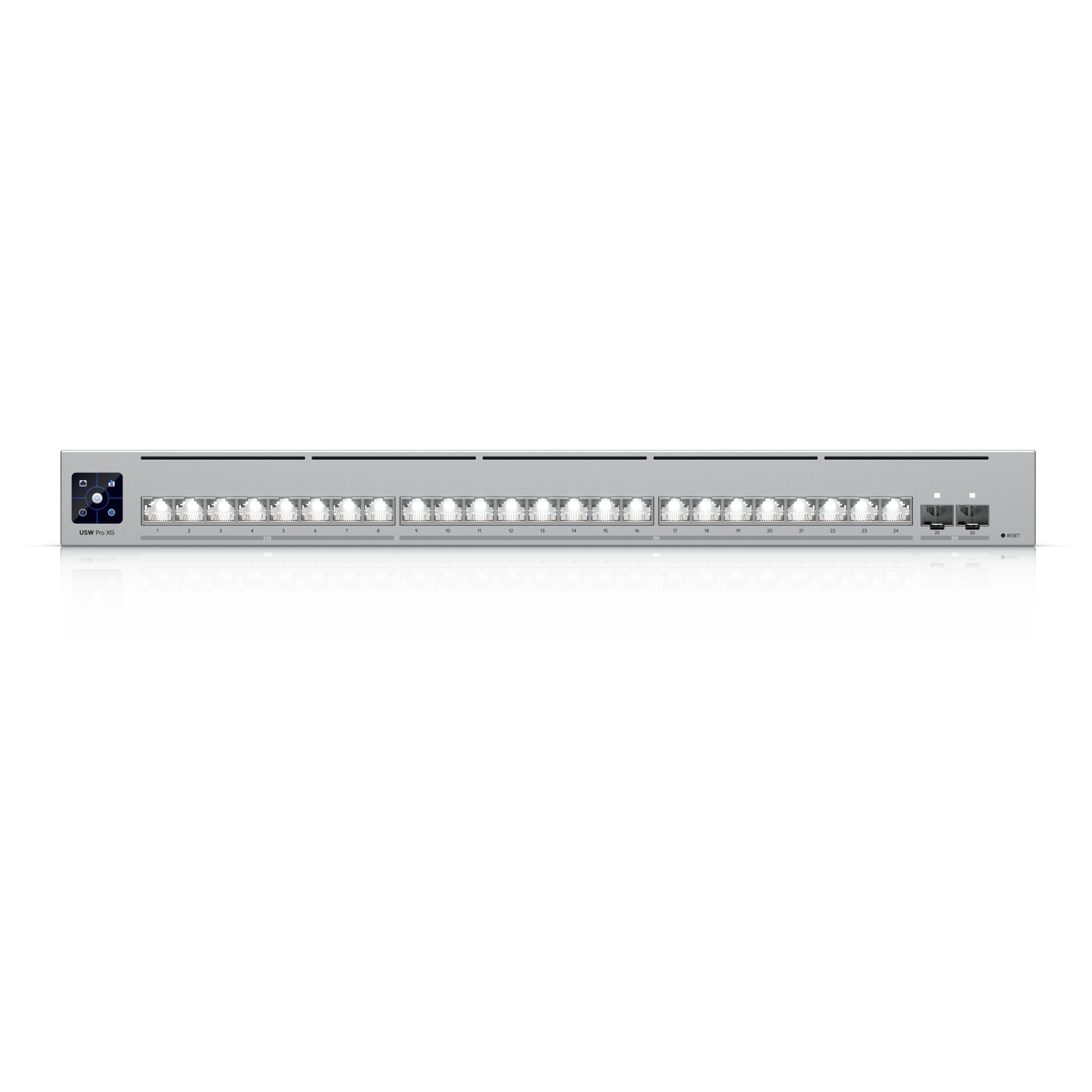 A large main feature product image of Ubiquiti UniFi Pro XG 24-Port 10GbE SFP28 Layer 3 Managed Switch with Etherlighting