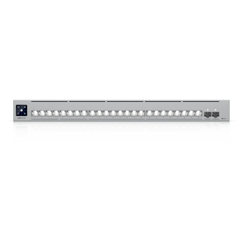 A large main feature product image of Ubiquiti UniFi Pro XG 24-Port 10GbE SFP28 Layer 3 Managed Switch with Etherlighting