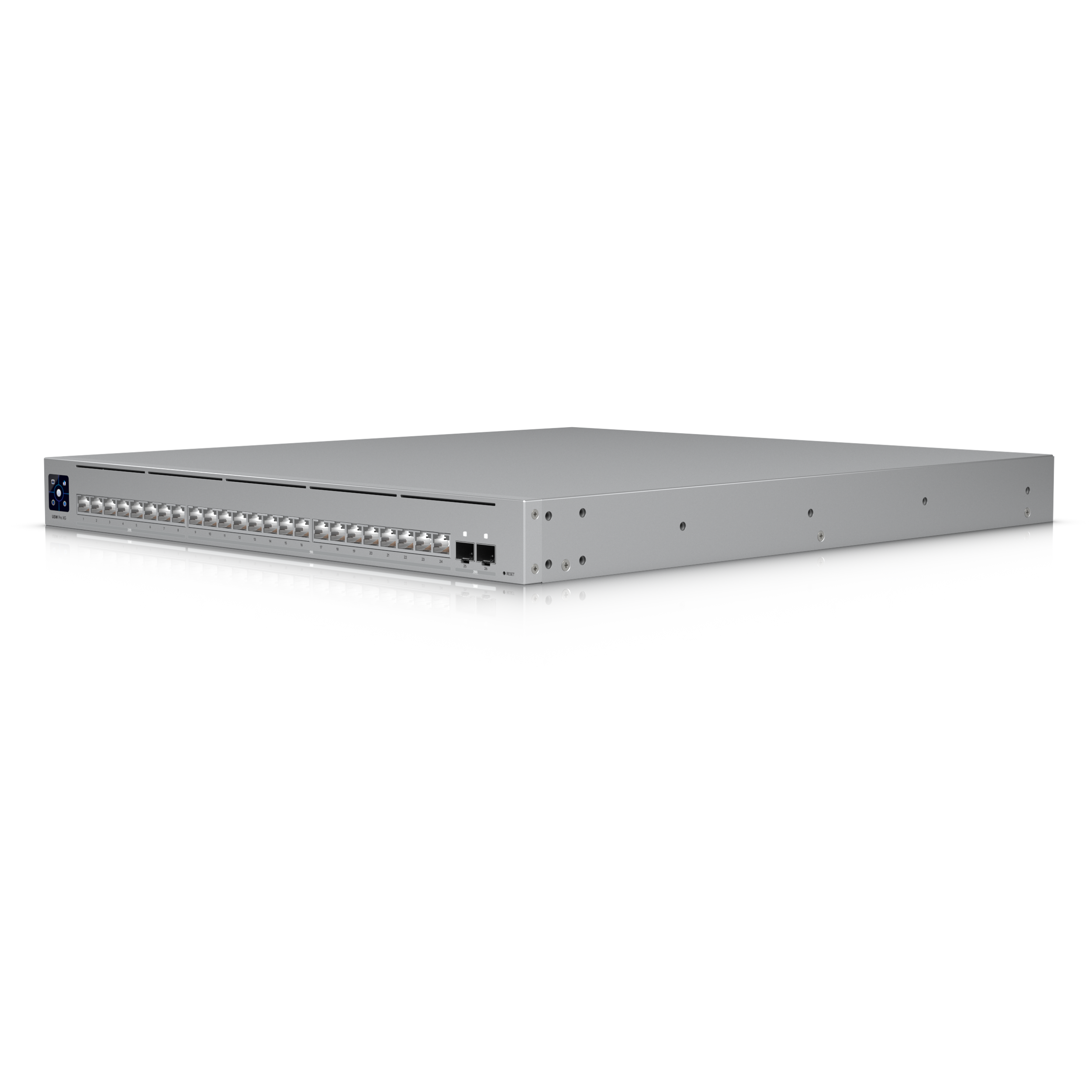 A large main feature product image of Ubiquiti UniFi Pro XG 24-Port 10GbE SFP28 Layer 3 Managed Switch with Etherlighting