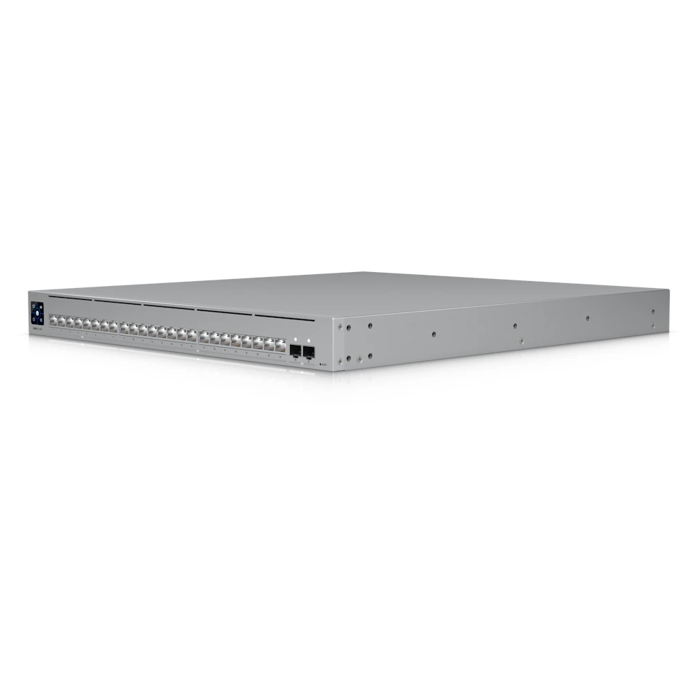 A large main feature product image of Ubiquiti UniFi Pro XG 24-Port 10GbE SFP28 Layer 3 Managed Switch with Etherlighting