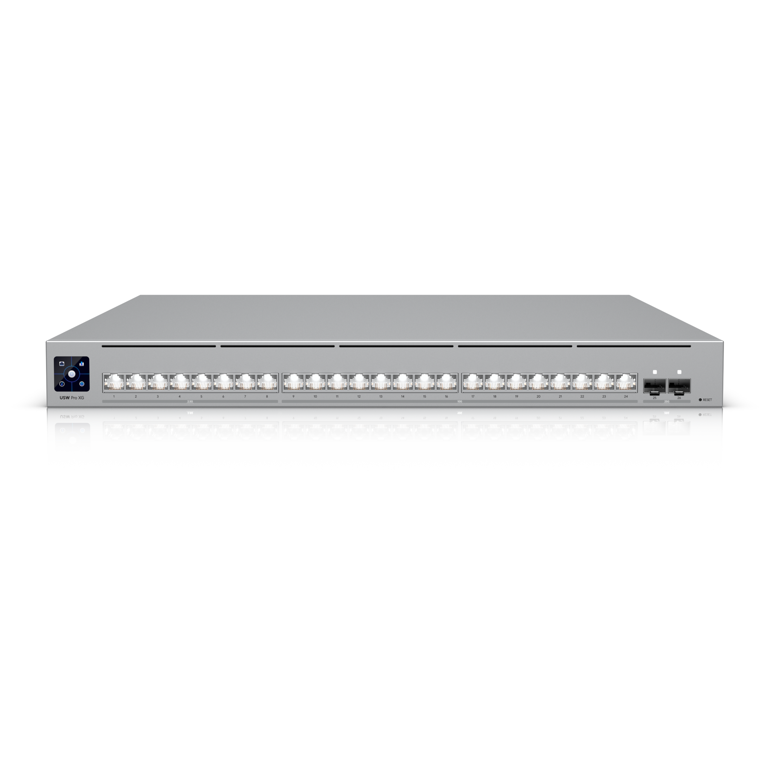 A large main feature product image of Ubiquiti UniFi Pro XG 24-Port 10GbE SFP28 Layer 3 Managed Switch with Etherlighting