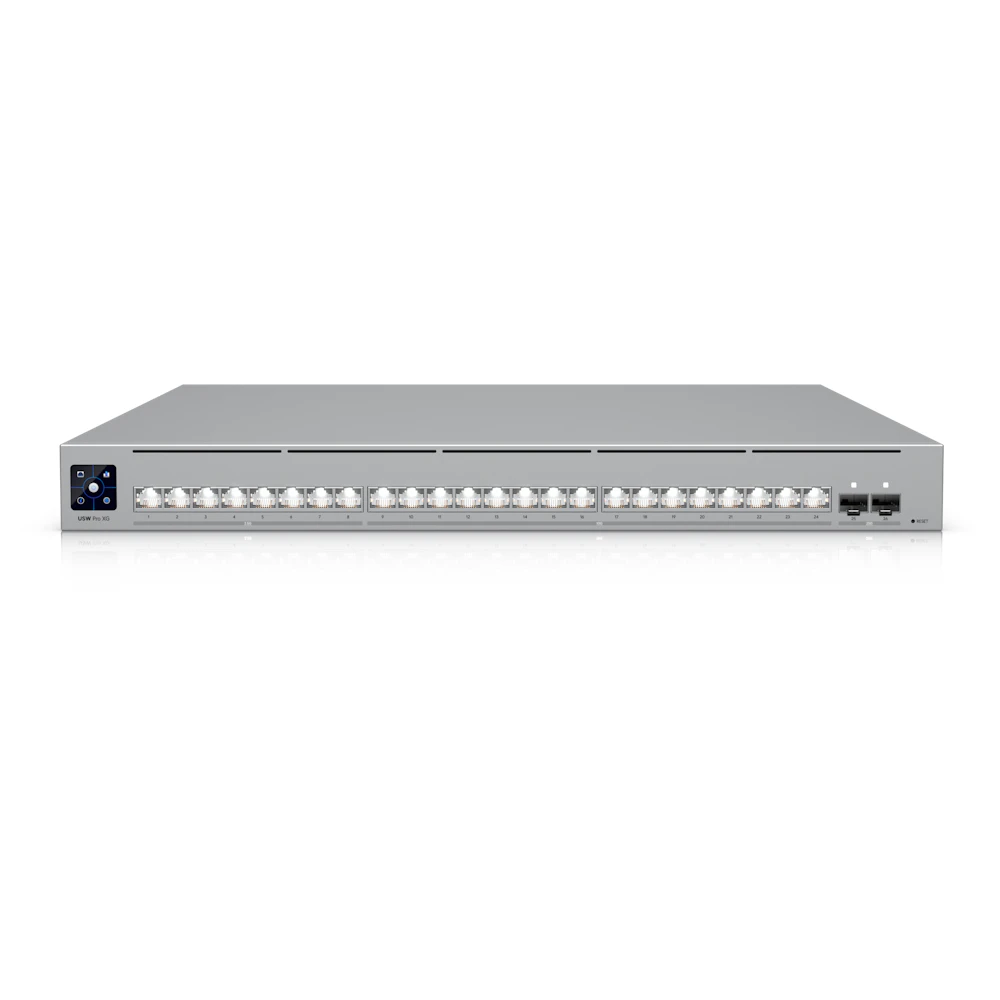 A large main feature product image of Ubiquiti UniFi Pro XG 24-Port 10GbE SFP28 Layer 3 Managed Switch with Etherlighting