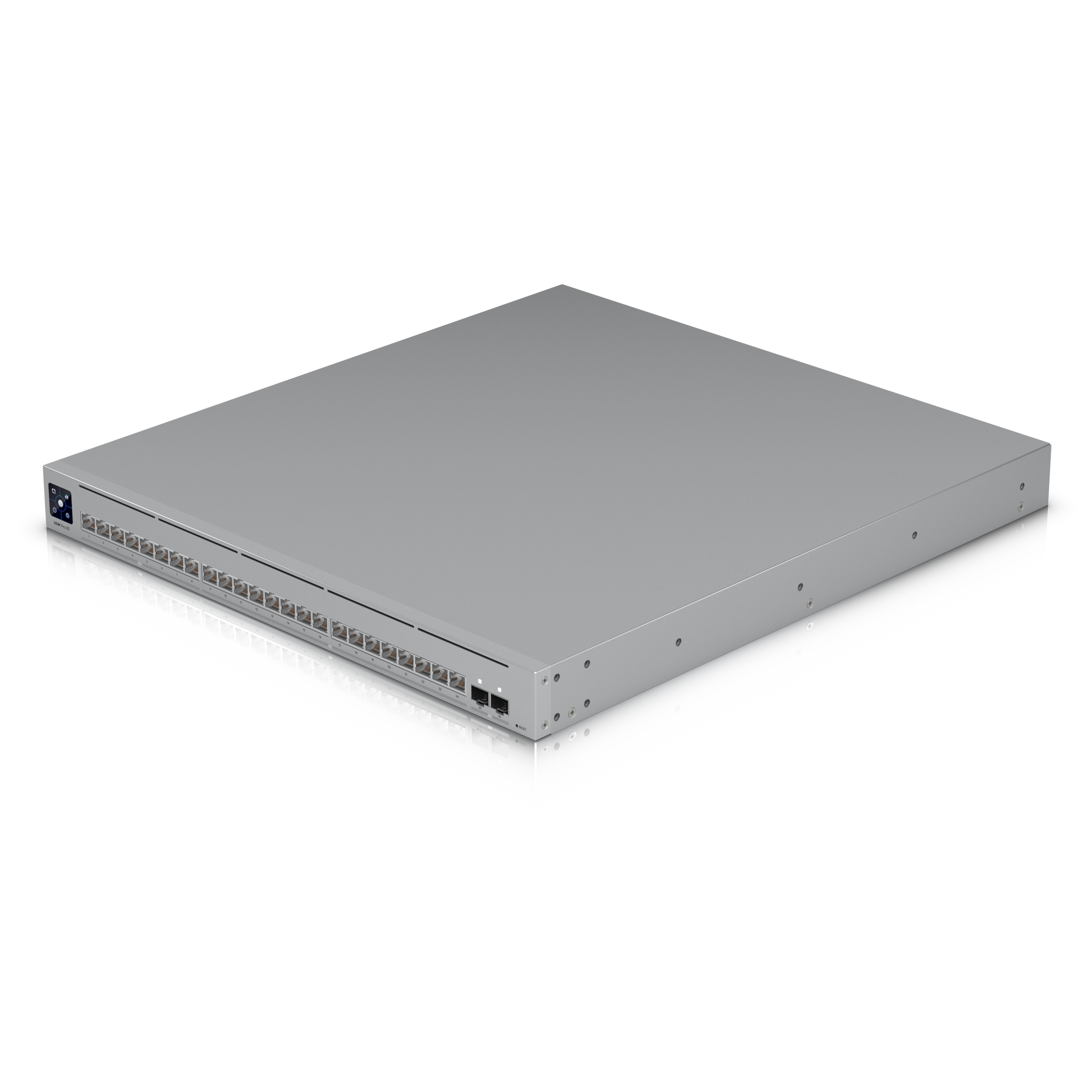 A large main feature product image of Ubiquiti UniFi Pro XG 24-Port 10GbE SFP28 Layer 3 Managed Switch with Etherlighting