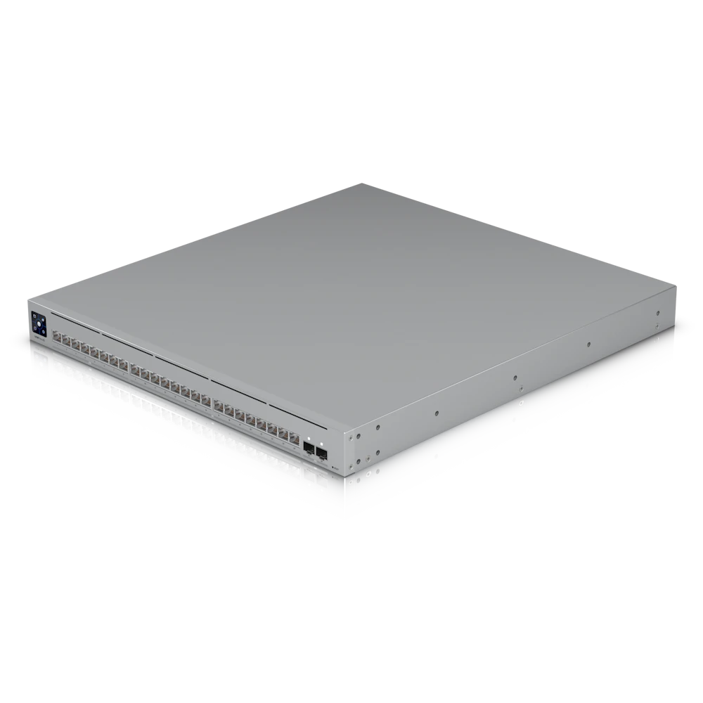 A large main feature product image of Ubiquiti UniFi Pro XG 24-Port 10GbE SFP28 Layer 3 Managed Switch with Etherlighting