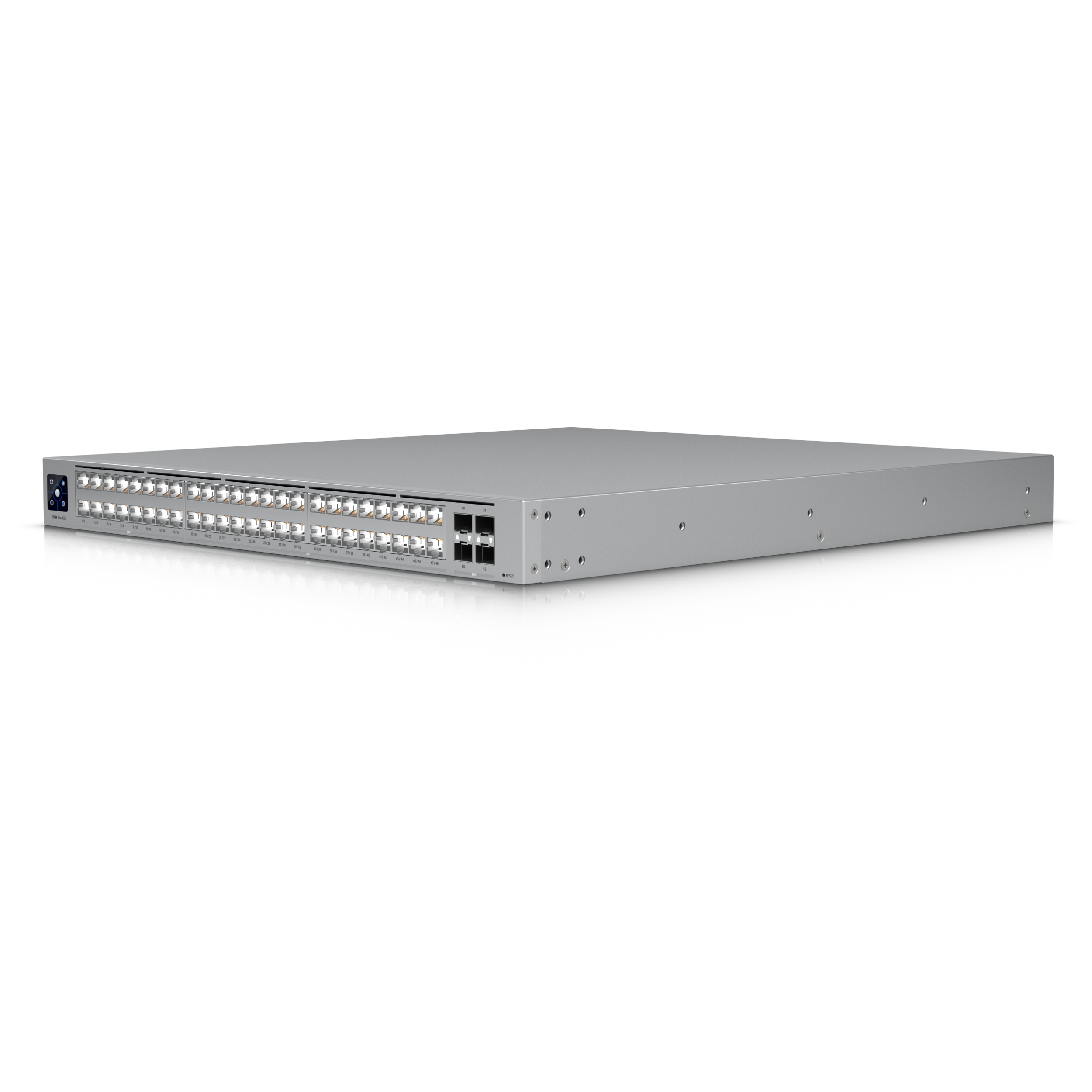 A large main feature product image of Ubiquiti UniFi Pro XG 48-Port 10GbE SFP28 Layer 3 Managed Switch with Etherlighting