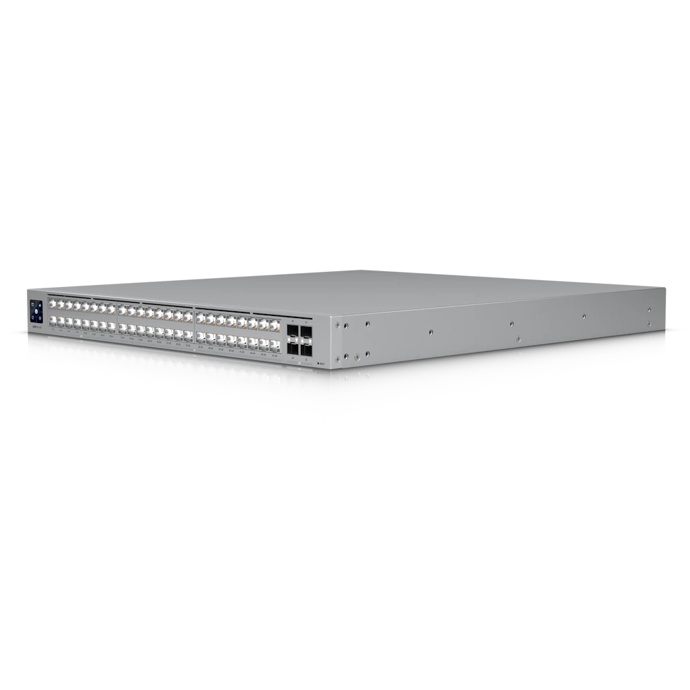 A large main feature product image of Ubiquiti UniFi Pro XG 48-Port 10GbE SFP28 Layer 3 Managed Switch with Etherlighting