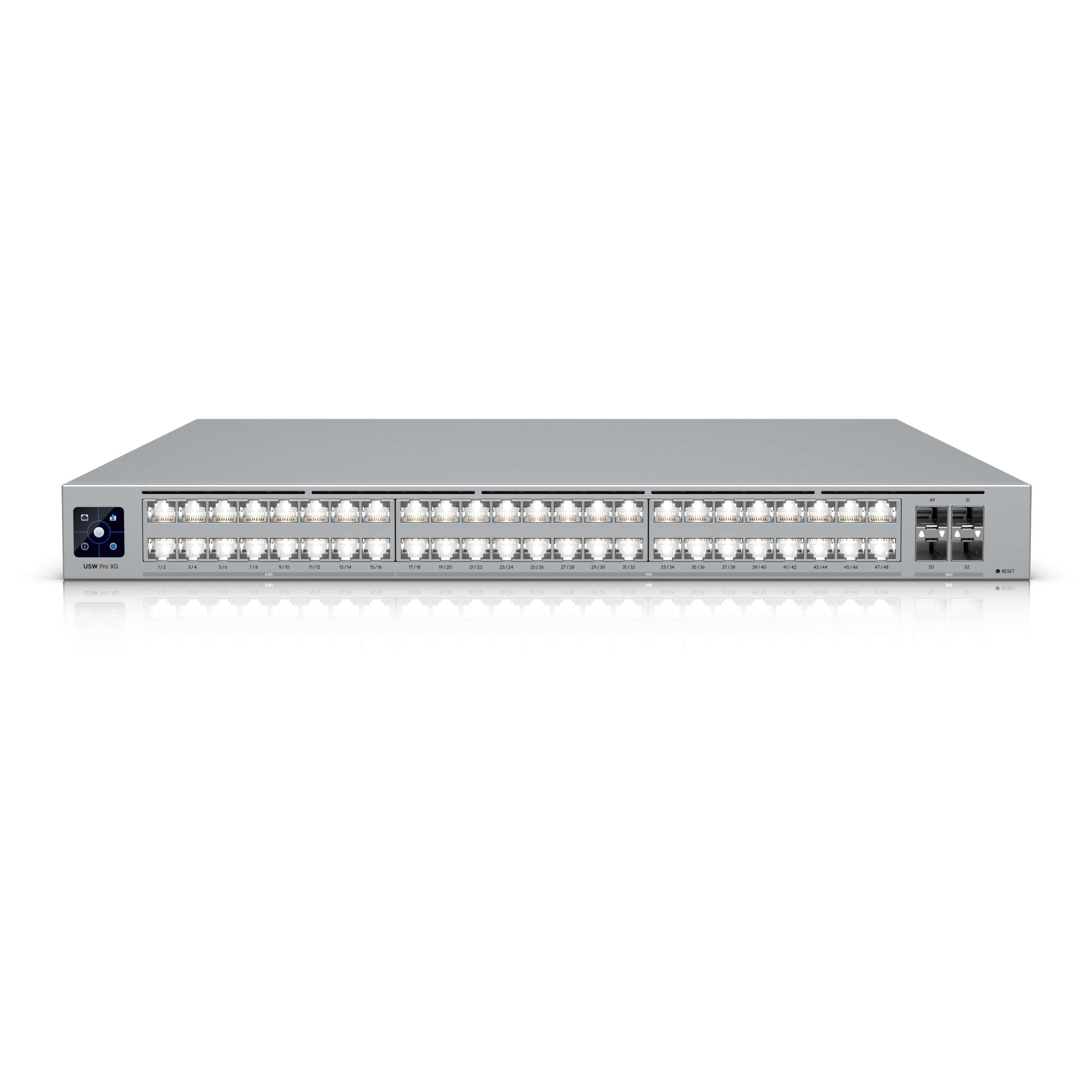 A large main feature product image of Ubiquiti UniFi Pro XG 48-Port 10GbE SFP28 Layer 3 Managed Switch with Etherlighting