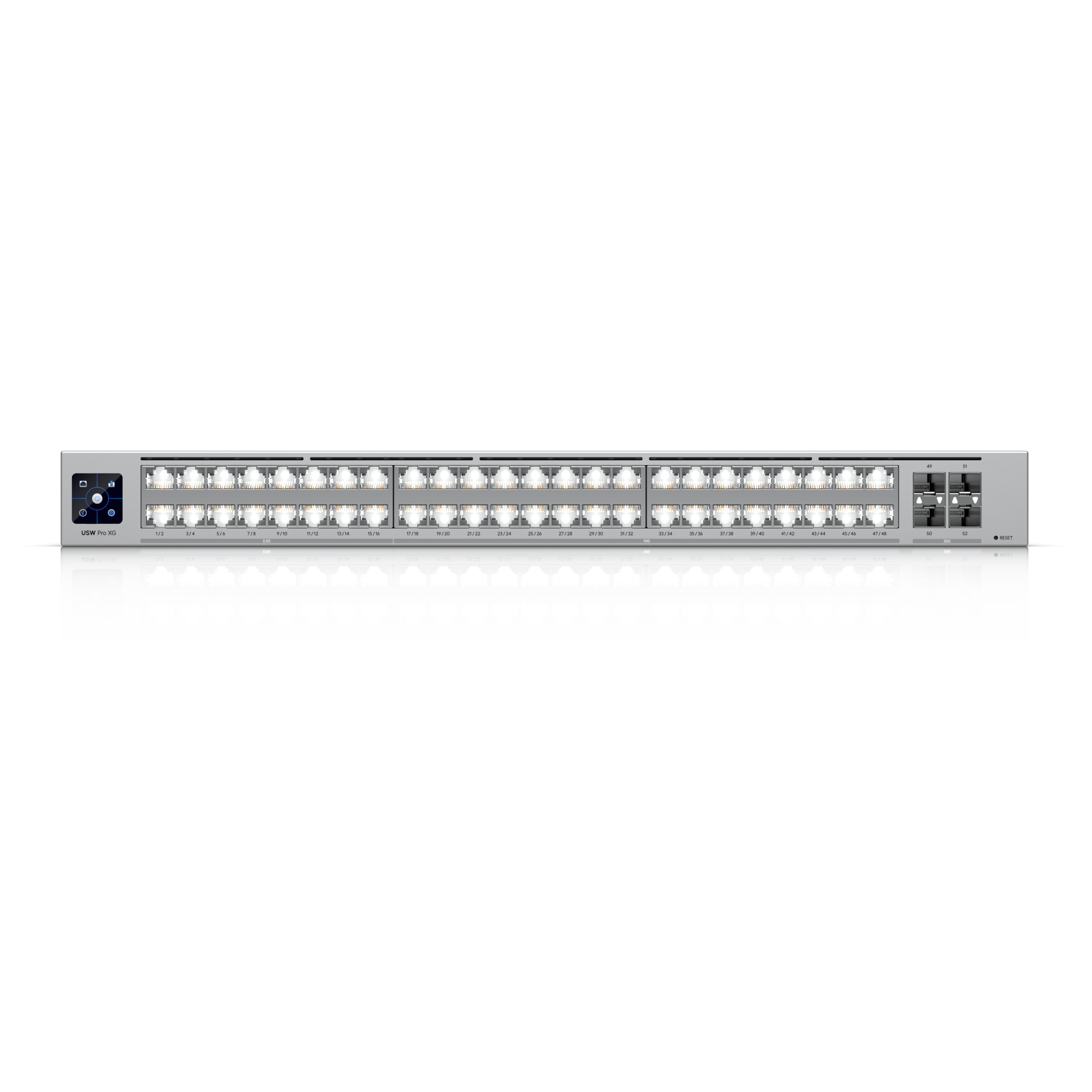 A large main feature product image of Ubiquiti UniFi Pro XG 48-Port 10GbE SFP28 Layer 3 Managed Switch with Etherlighting