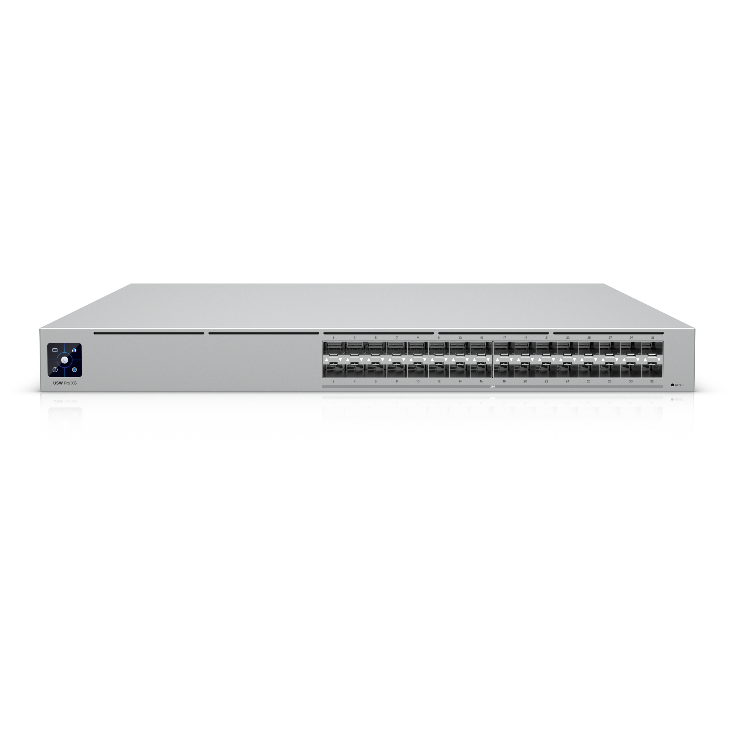 A large main feature product image of Ubiquiti Pro XG Aggregation 32-Port 25GbE SFP28 Layer 3 Managed Switch with Etherlighting