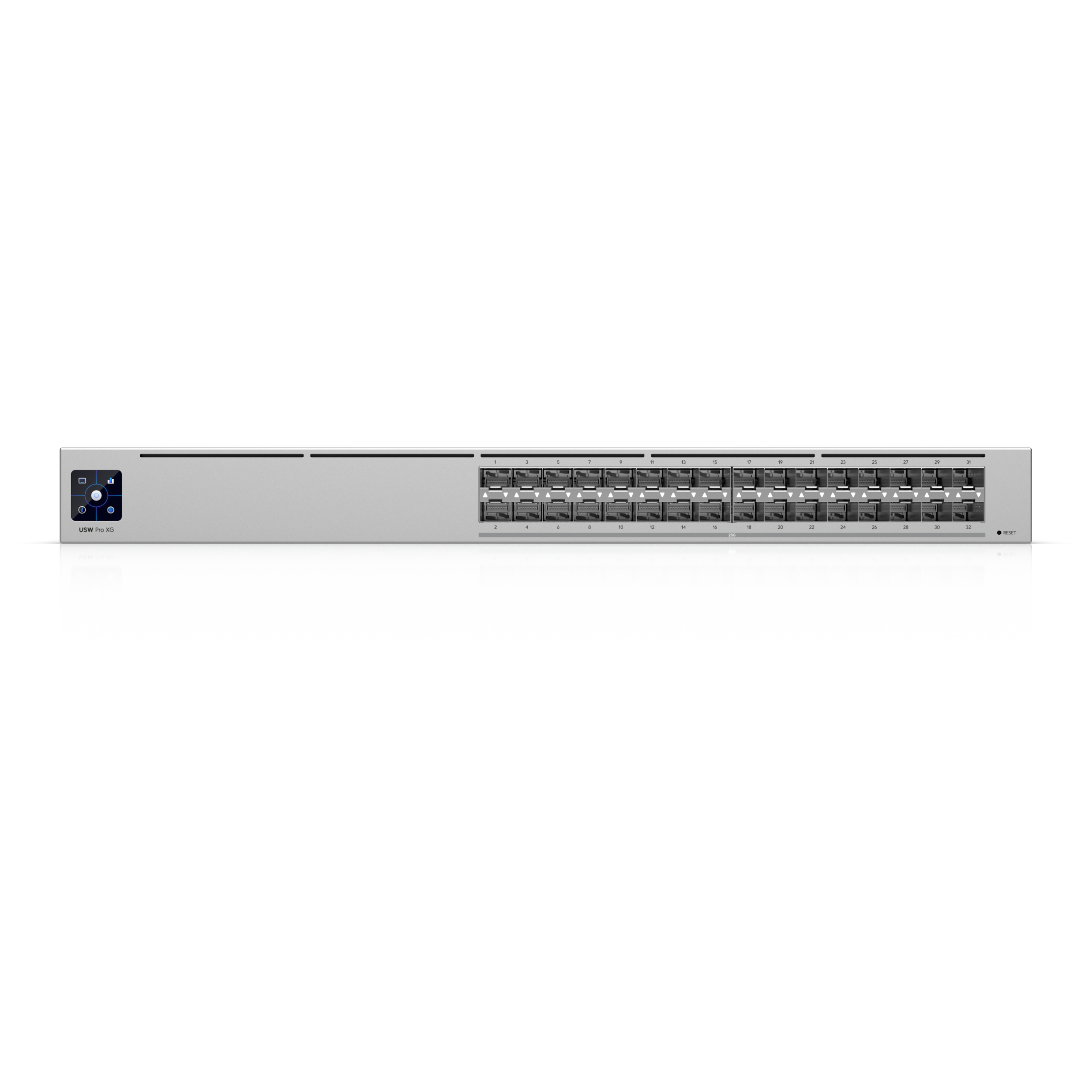 A large main feature product image of Ubiquiti Pro XG Aggregation 32-Port 25GbE SFP28 Layer 3 Managed Switch with Etherlighting