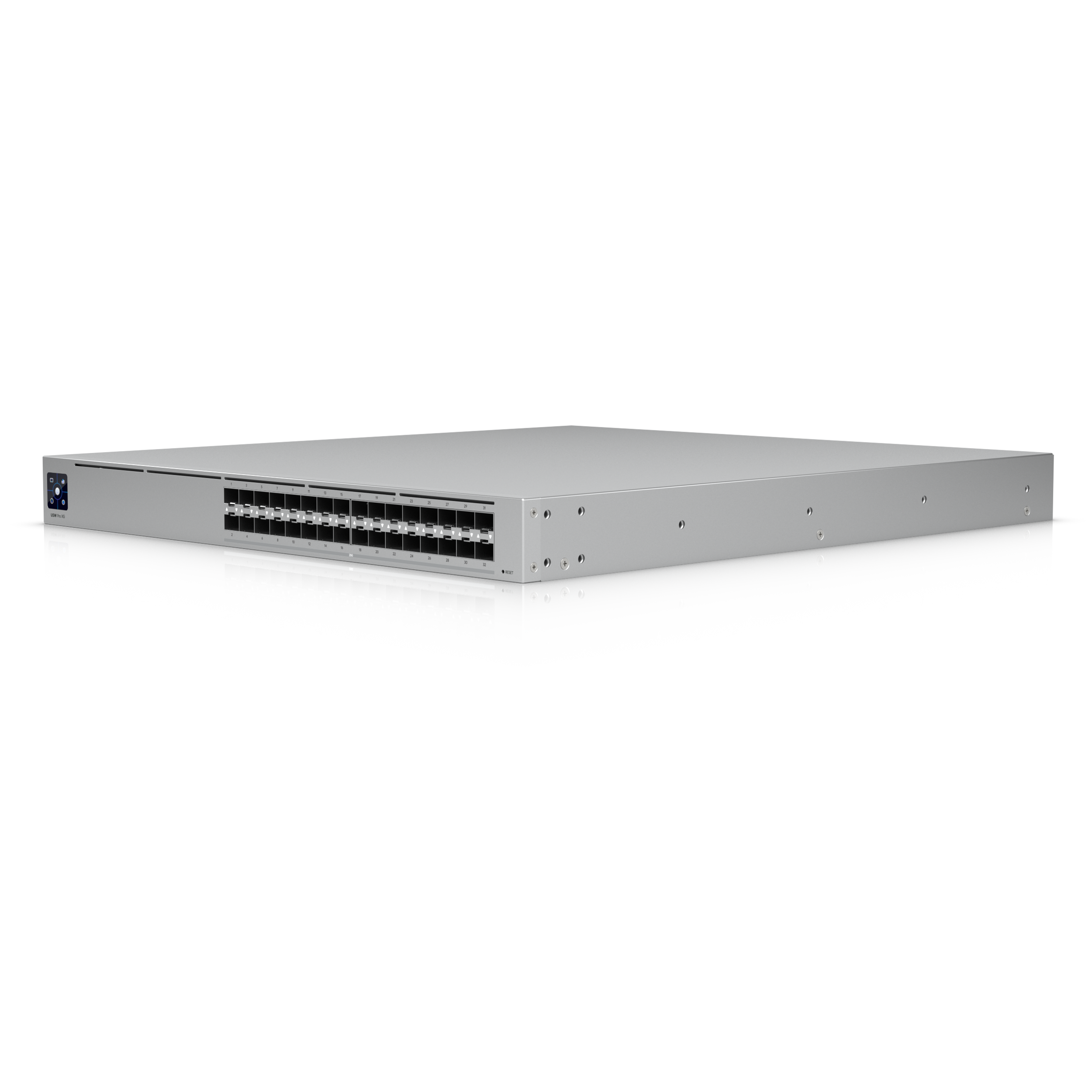 A large main feature product image of Ubiquiti Pro XG Aggregation 32-Port 25GbE SFP28 Layer 3 Managed Switch with Etherlighting