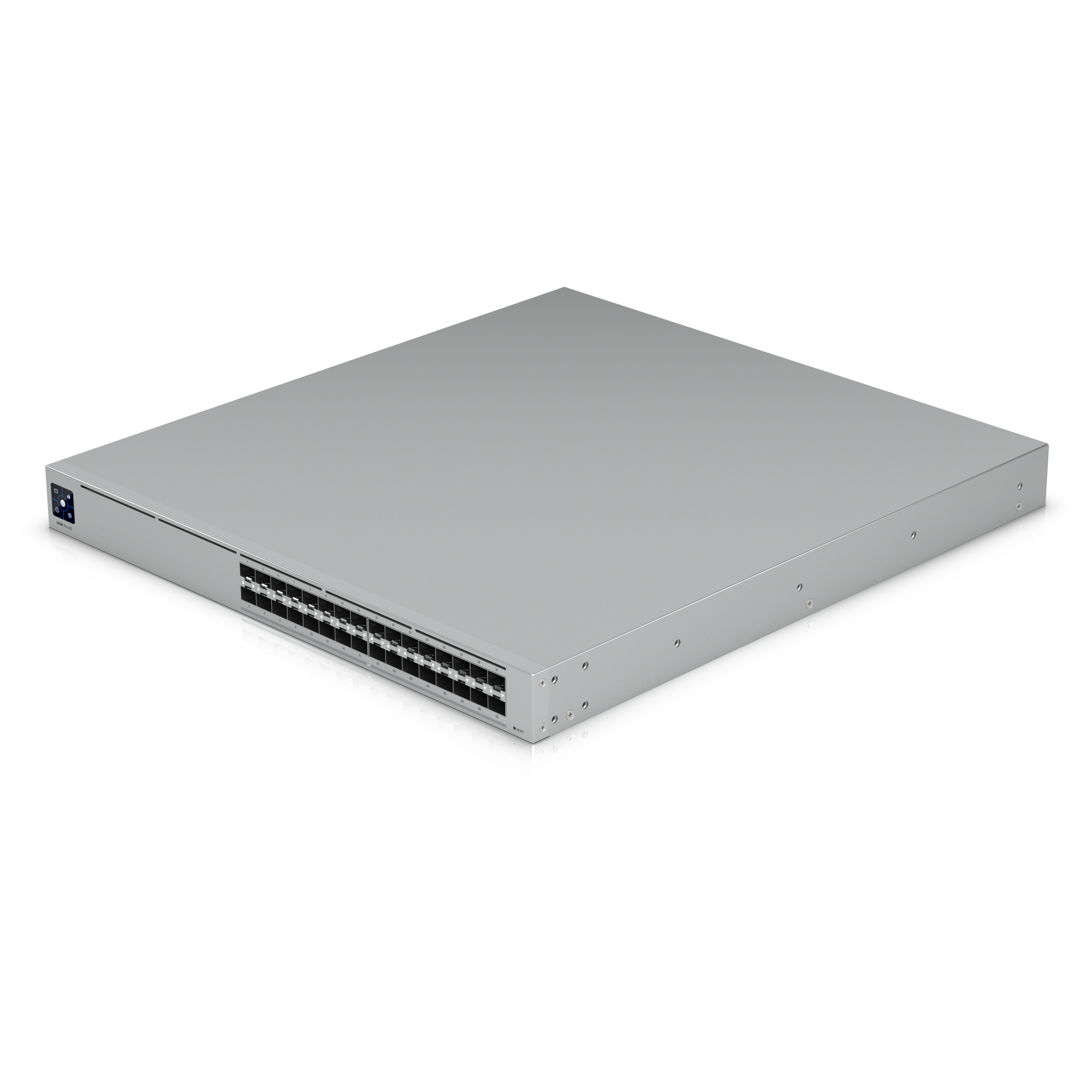 A large main feature product image of Ubiquiti Pro XG Aggregation 32-Port 25GbE SFP28 Layer 3 Managed Switch with Etherlighting