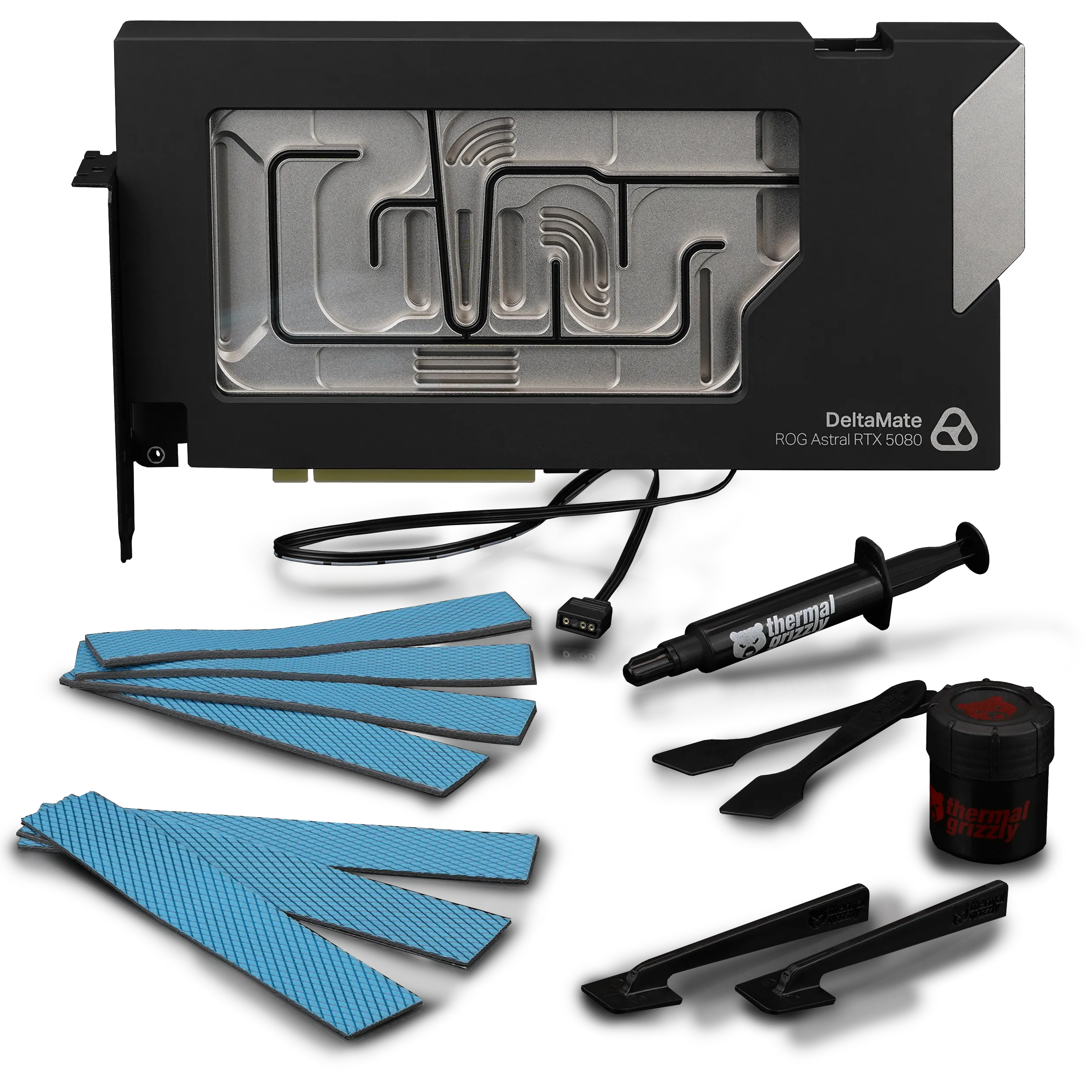 A large main feature product image of Thermal Grizzly DeltaMate ROG Astral RTX 5080 GPU Water Block
