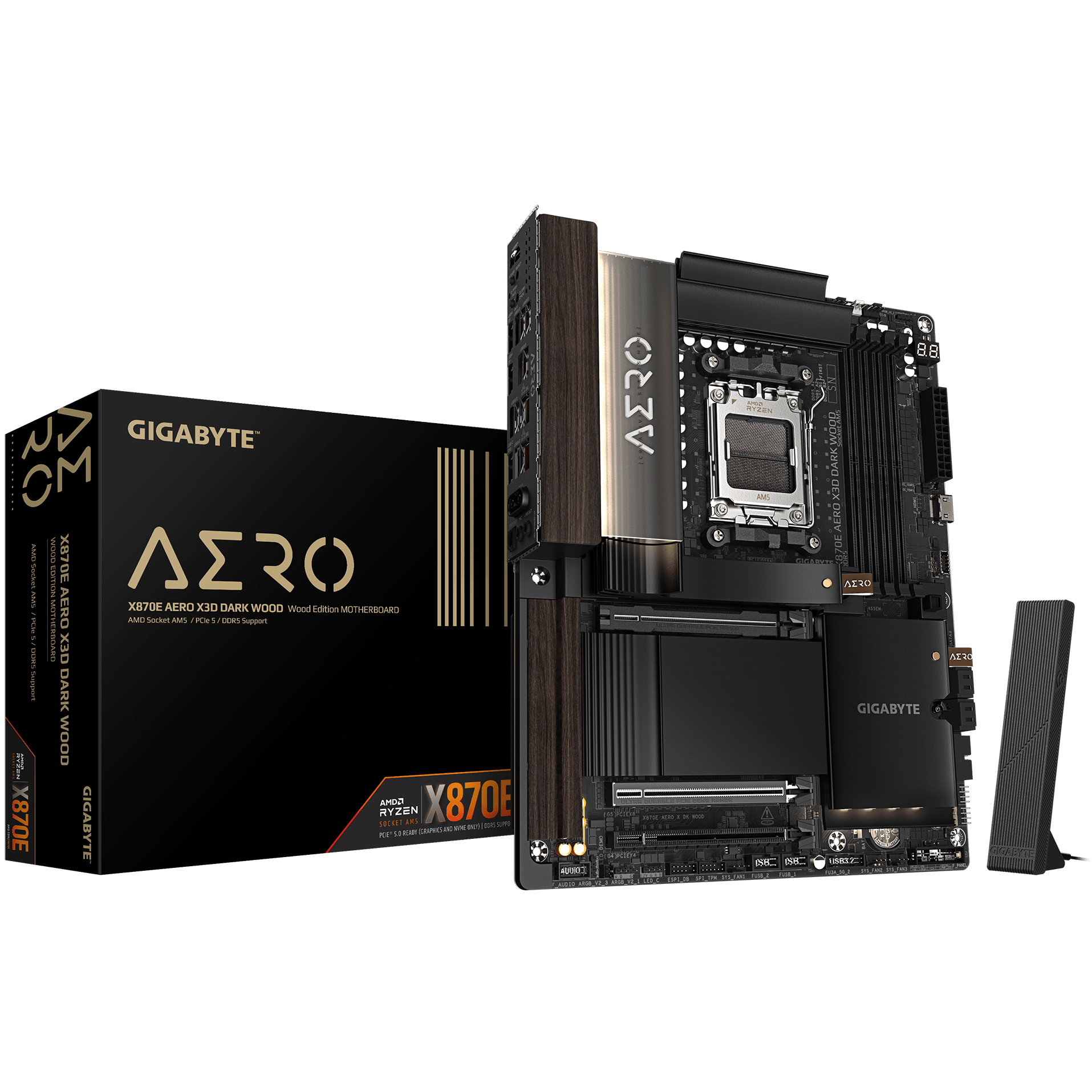 A large main feature product image of Gigabyte X870E Aero X3D Dark Wood AM5 ATX Desktop Motherboard