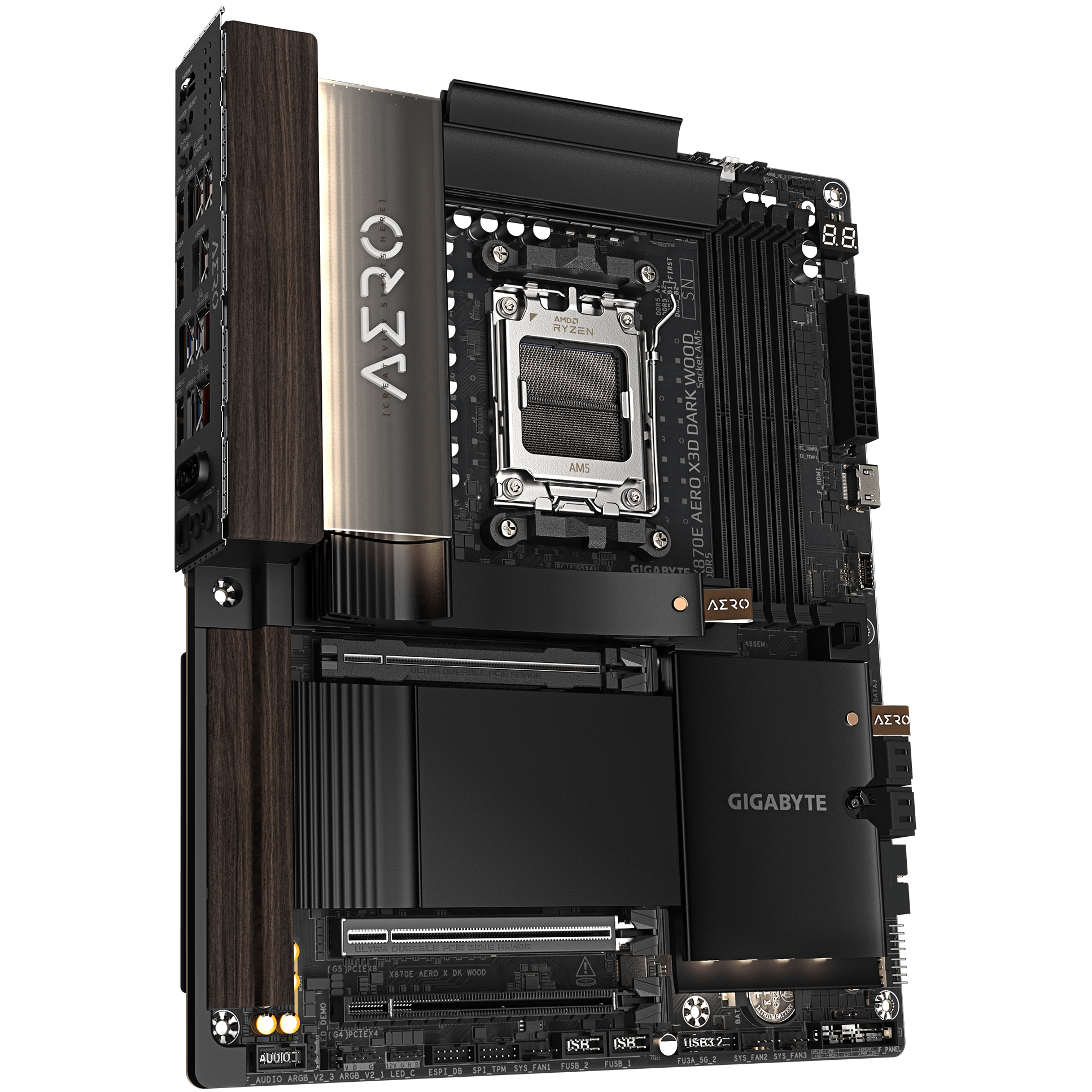 A large main feature product image of Gigabyte X870E Aero X3D Dark Wood AM5 ATX Desktop Motherboard